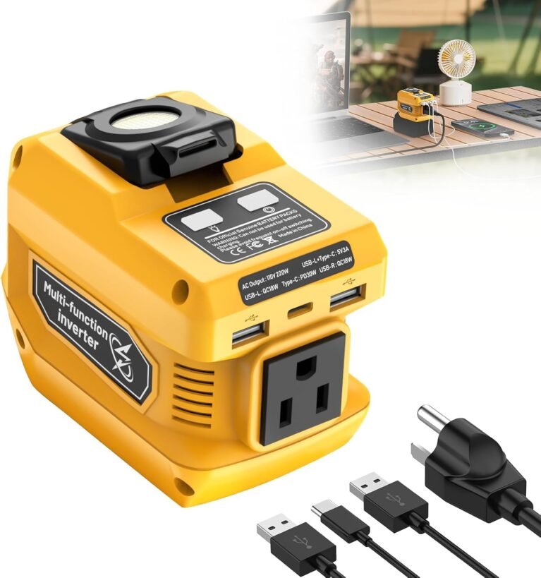 220W Portable Power Inverter Compatible with Dewalt 20V Battery | DC 20V to AC 110V Battery Inverter, 400LM LED Light, 1 AC Outlet, 2 USB & 1 Type‑C Fast Charging (Battery Not Included)