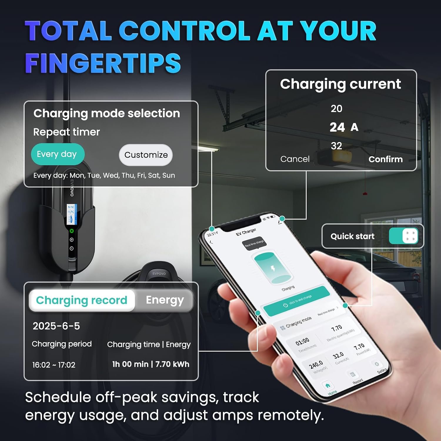 Level 2 EV Charger 32 Amp Portable J1772 NEMA 14-50 7.6kW 25ft Cable | Portable Electric Car Charger, Home EV Charger Level 2, WiFi App, Adjustable 16/20/24/32A, ETL Listed, IP66 Weatherproof - Image 7