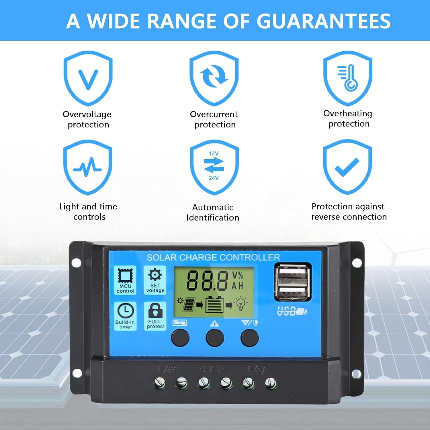 30A Solar Charge Controller 12V/24V Solar Panel Intelligent Regulator | Dual USB Port with LCD Display, PWM Auto Parameter Adjustable, Timer Setting, Multiple Load Control Modes - Image 5