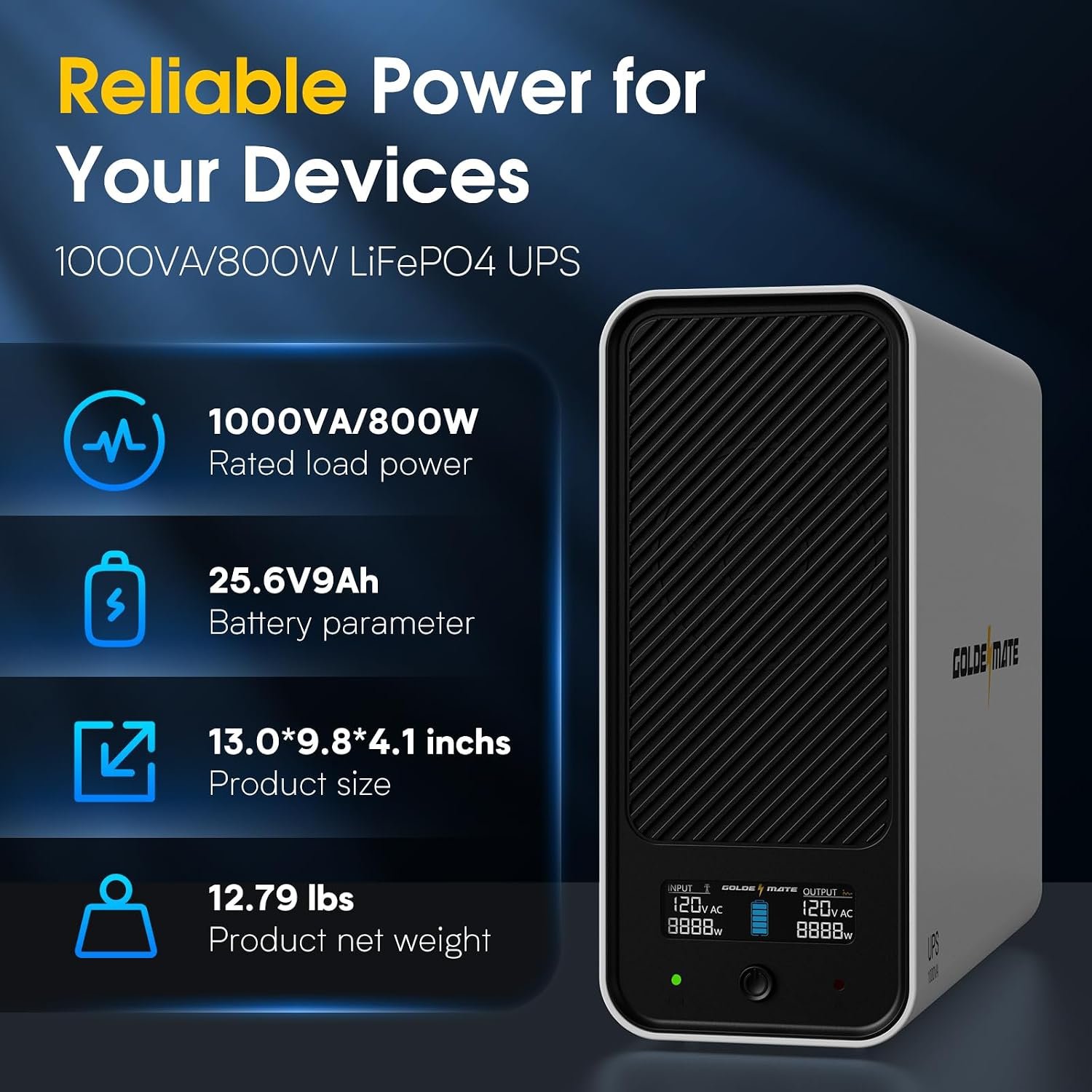 GOLDENMATE 1000VA/800W Lithium UPS Battery Backup & Surge Protector, White | Pure Sine Wave, 8 Outlets, Color LCD, 230Wh LiFePO4 Backup Battery, Uninterruptible Power Supply for PC/Internet/Home Office - Image 6
