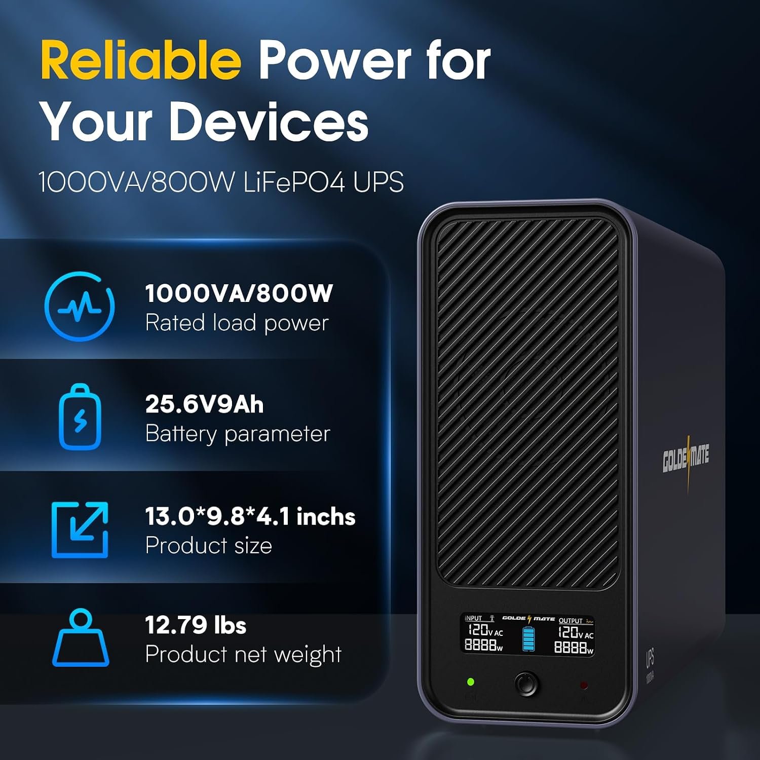 GOLDENMATE 1000VA/800W Lithium UPS Battery Backup & Surge Protector, Gray | Pure Sine Wave, 8 Outlets, Color LCD, 230Wh LiFePO4 Backup Battery, Uninterruptible Power Supply for PC/Internet/Home Office - Image 3
