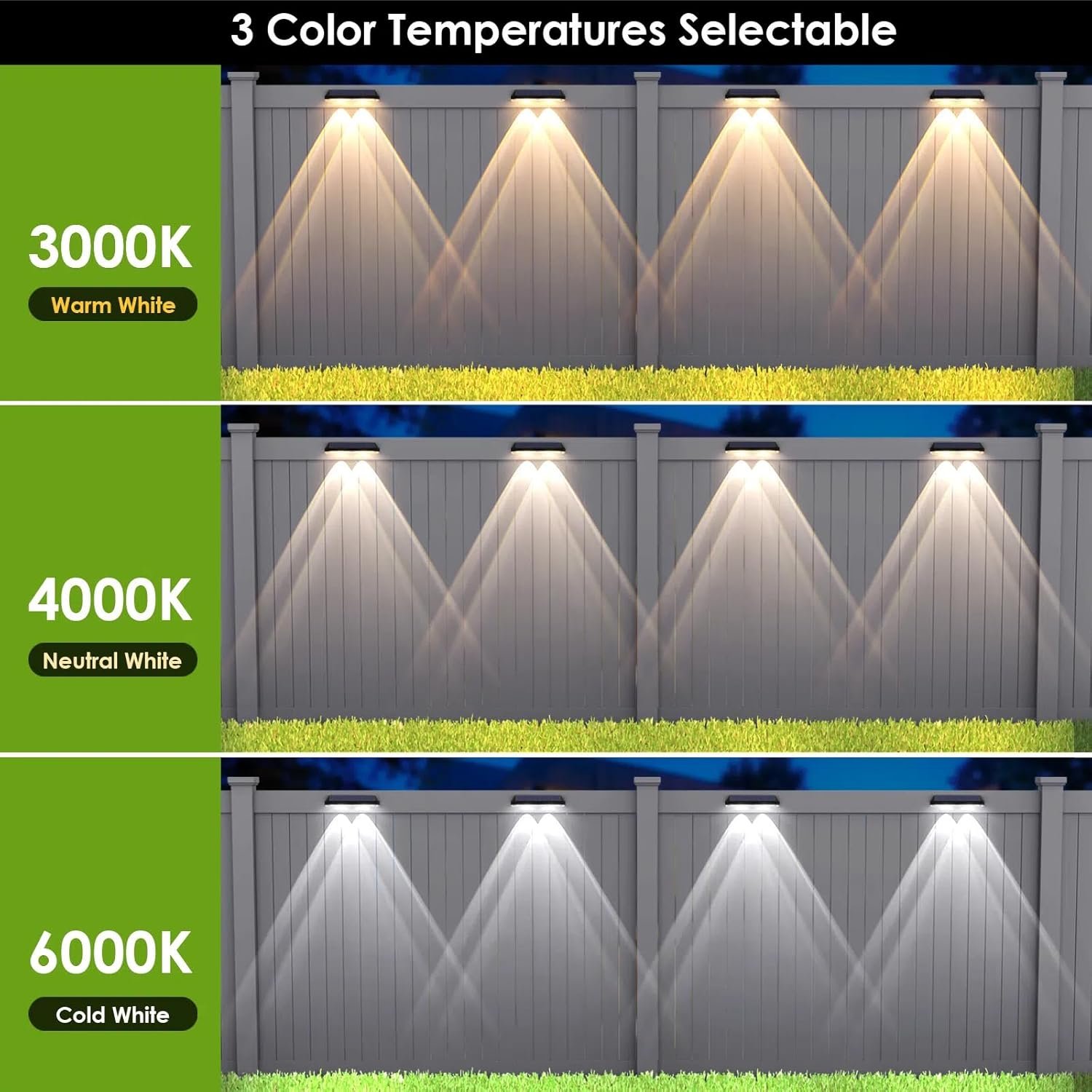 Solar Fence Lights Outdoor, 2700/4000/6000K 3 Mode, 8-12H, Black, 8 Pack | IP65 Waterproof, Fence Lights Solar Powered for Outside, Backyard, Railing, Step, Patio,Wall and Home Improvement - Image 4