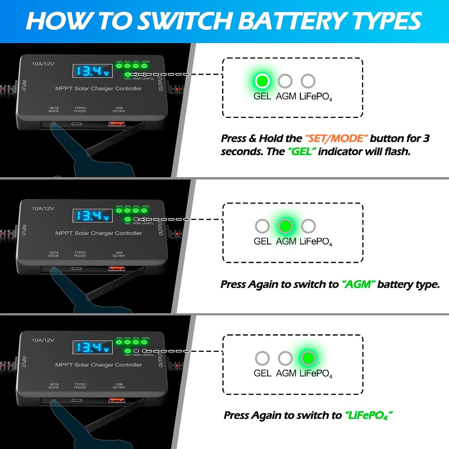 10A MPPT Solar Charge Controller 12V with USB-C & USB Charging | 30v Max Voc, 22W PD And 18w QC Fast Charging, LCD Display And 8-Layer Protection for Lifepo4, Agm, Gel, Rv and Off-Grid Use - Image 6