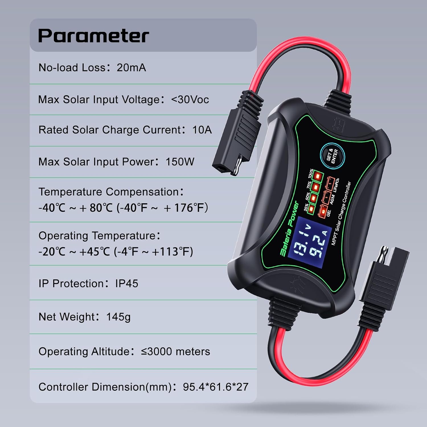 10Amp 12 Volt MPPT Solar Charge Controller, Bateria Power Intelligent Portable Solar Panel Controller, Max PV 150W 30Voc Solar Regulator for Gel AGM Lead-Acid, Lithium LiFePO4 Battery (SunRock 10) - Image 7