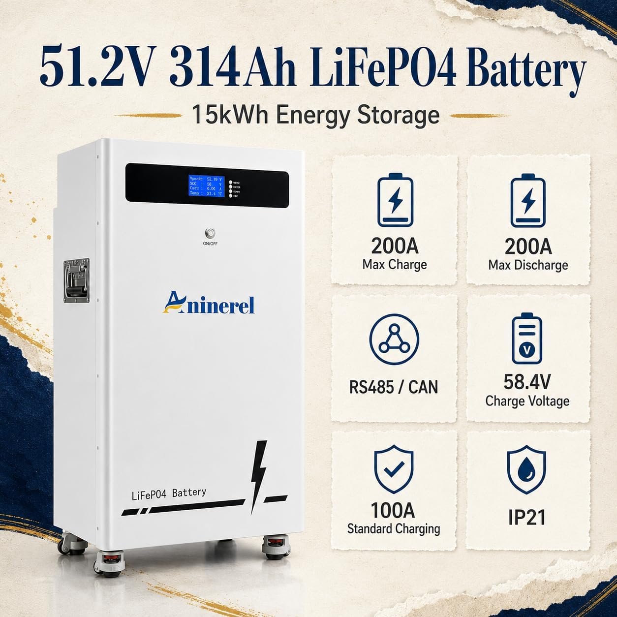 15kWh 51.2V 314Ah LiFePO4 Battery, 48V Solar Lithium Battery with 200A BMS, CAN/RS485, LCD Display, Grade A Cells, Deep Cycle Power Storage for Home Backup, Off-Grid Solar System, RV - Image 2