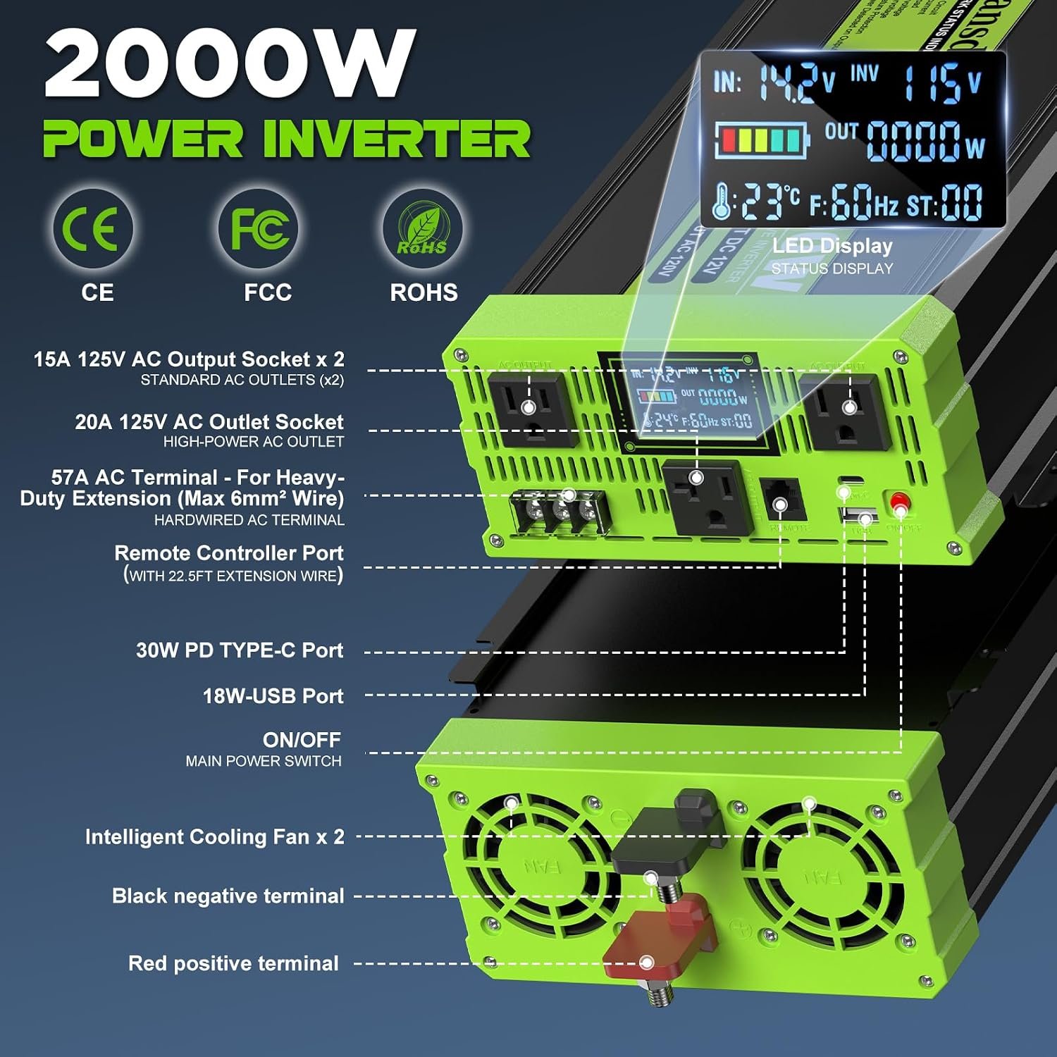 Vansdon 2000W Pure Sine Wave Inverter 12V DC to 120V AC Inverters for RV,Truck, Solar, Home, Off-Grid, Car Power Inverter with LCD Display, 3 AC Outlet, 30W USB-C, USB, Remote Control, Surge 4000W - Image 8