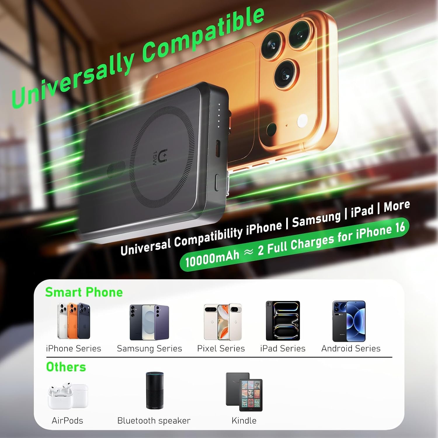 Magnetic Power Bank 10000mAh for Samsung & Android, 4-in-1 Portable Charger with Built-in Type-C/Lightning Cables and Foldable Stand, 15W Fast Charging Wireless Battery Pack for iPhone, Travel - Image 7