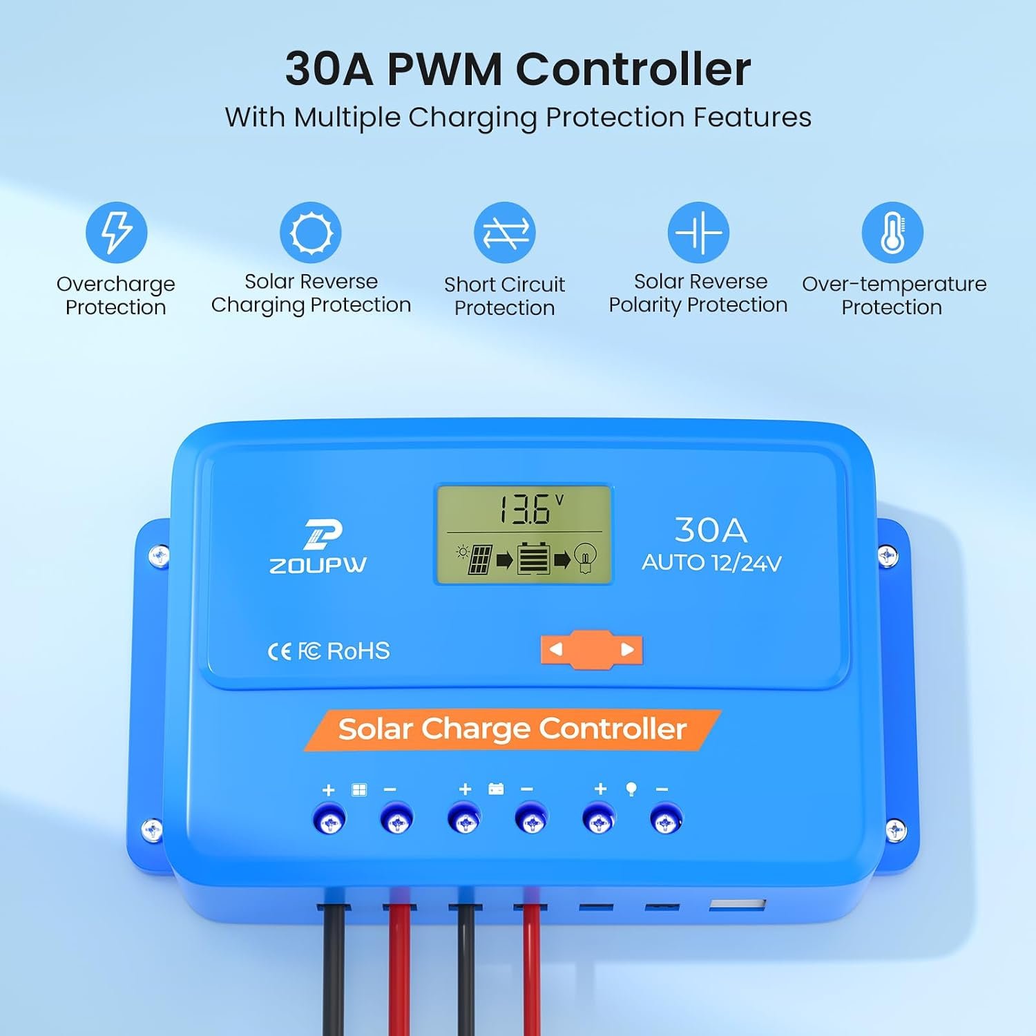 ZOUPW 30A PWM Solar Charge Controller,12V 24V Solar Panel Regulator with Adjustable LCD Display Dual USB for Flooded Sealed AGM Gel and Lithium LiFePO₄ Batteries - Image 2
