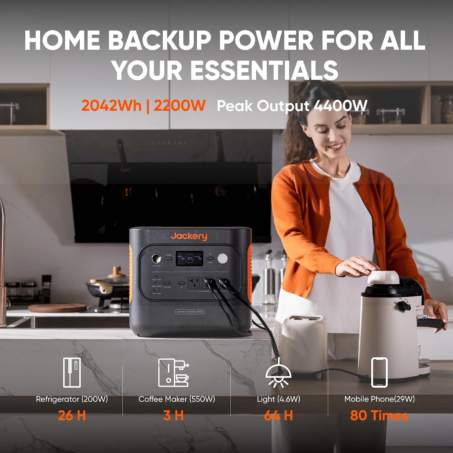 Jackery Explorer 2000 v2 Portable Power Station, 2042Wh, 2200W AC Output | LiFePO4 Battery, USB-C PD 100W Fast Charging, Solar Generator for Emergencies, Power Outages, Camping (Solar Panel Optional) - Image 2