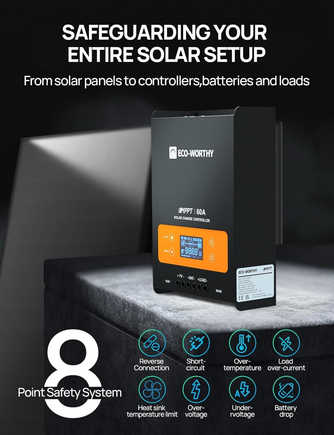 ECO-WORTHY 60A MPPT Solar Charge Controller with Bluetooth & WiFi | Max PV Input 150V,12/24/36/48V Solar Panel Regulator for Lead-Acid/Lifepo4 Battery in Solar System RV - Image 7