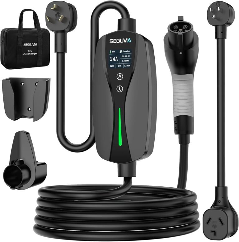 SEGUMA Level 2 EV Charger 24Amp 240V - NEMA 10-30P Charging Station(10-24A) | 120V NEMA 5-15 Adapter & 240V NEMA 10-30 Plug, 25FT Cable for Home/Garage, J1772 Electric Vehicles, for J1772(Non-Tesla Evs)