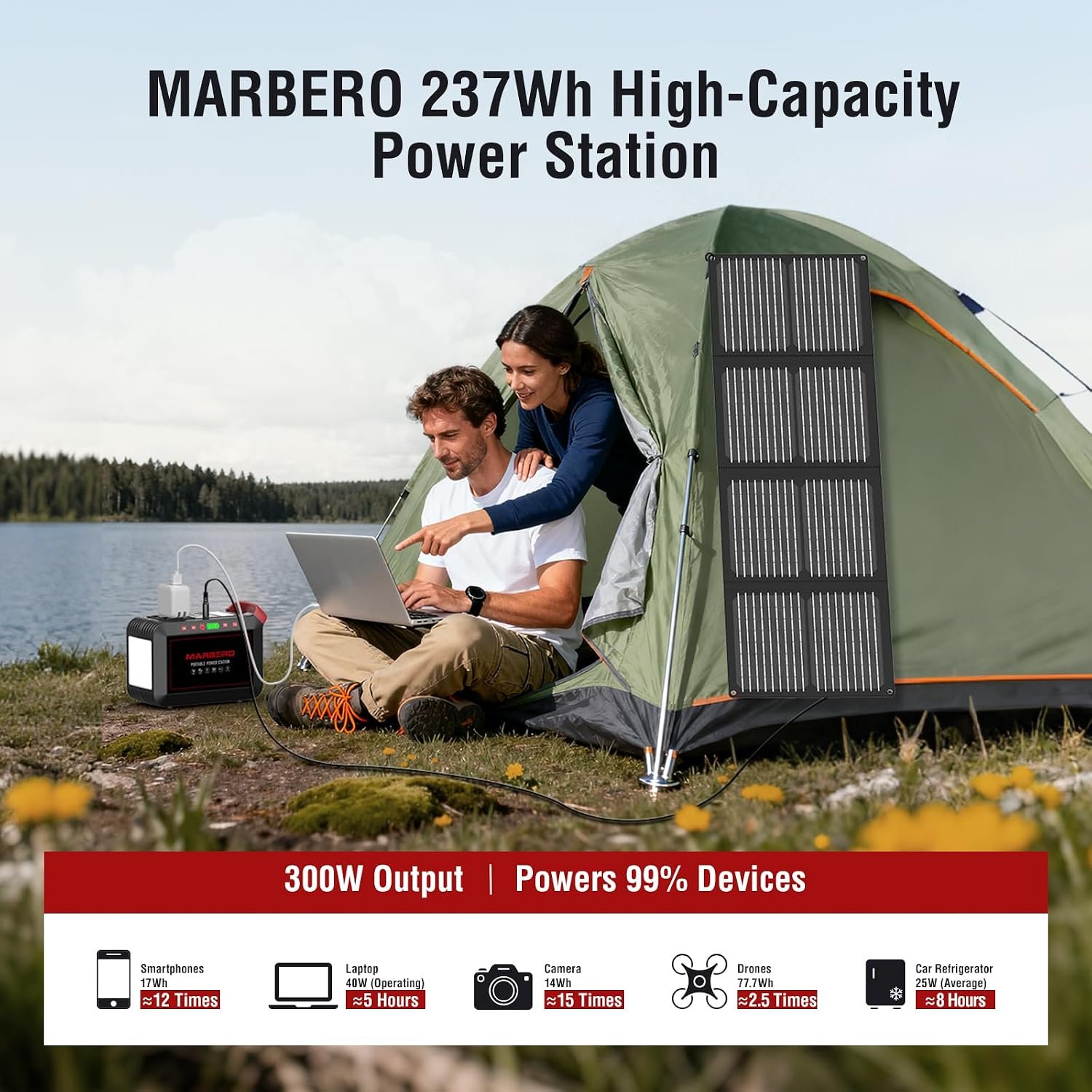 MARBERO 237Wh Solar Generator with Solar Panel Included Portable Power Station 300W Pure Sine Wave with Foldable Solar Panel 60W Set for Camping Outdoor Hiking Fishing Emergency | Solar Powered Generator 375W Surge Portable Power Station Pure Sine Wave 110V for Camping Outdoor Fishing Home Emergency CPAP - Image 4