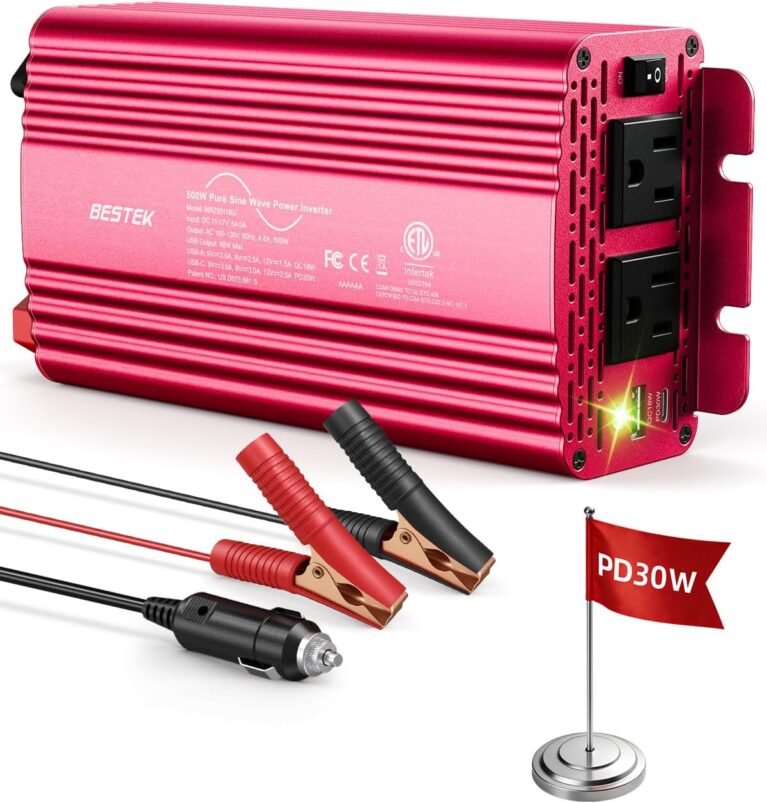 BESTEK 500W Pure Sine Wave Power Inverter DC 12V to AC 110V Car Converter | PD 30W & QC 18W Fast Charging Port, Dual AC Outlets, Car Power Plug Adapter for Solar, RV, Truck, Outdoor Camping, Road Trips