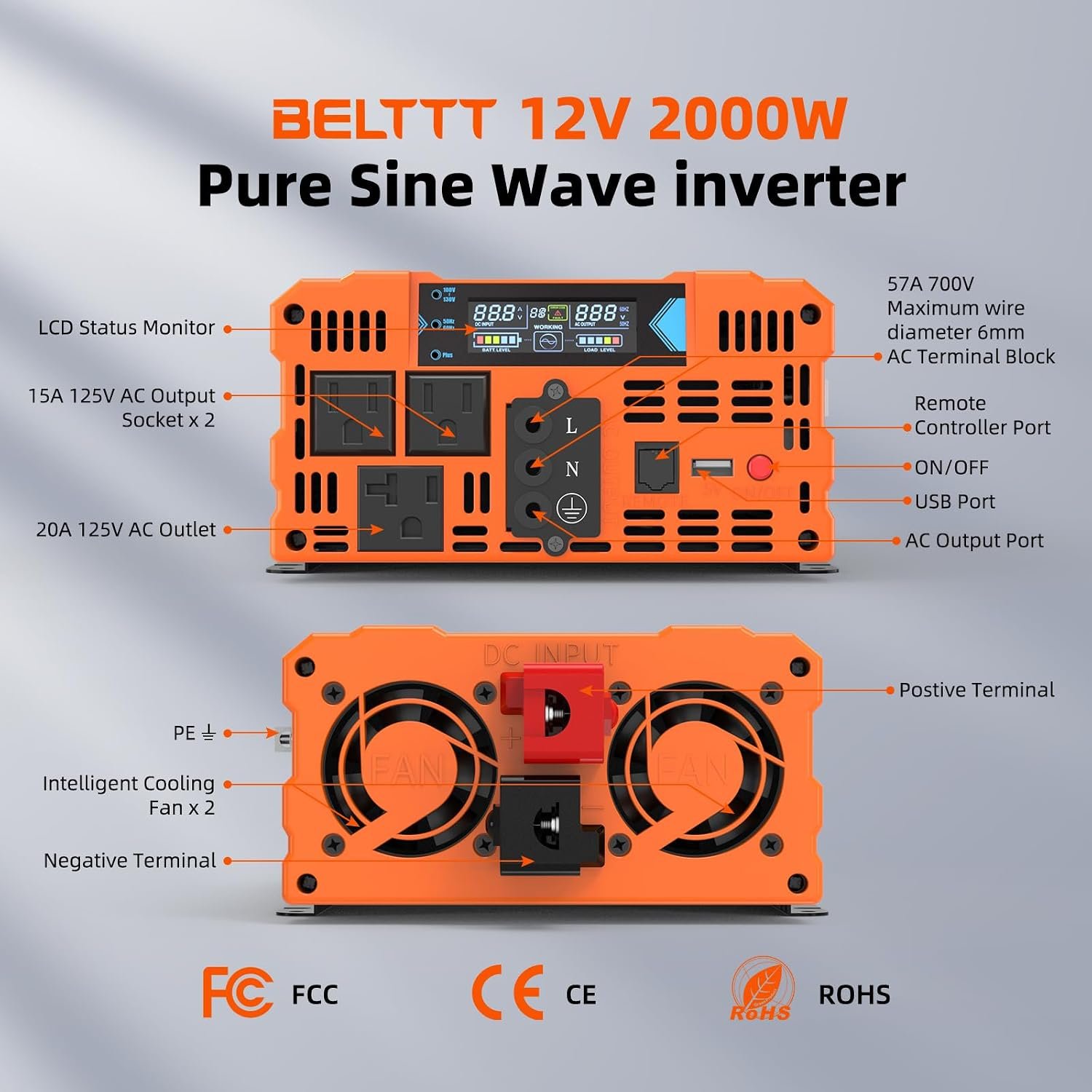2000W Pure Sine Wave Inverter 12V DC to 120V AC, 4000W Surge | LCD Display, Dual AC and 20A Outlets, 23ft Remote, Hardwire Port, USB, Power Inverter for Solar, RV Truck, 93% Max Efficiency - Image 8