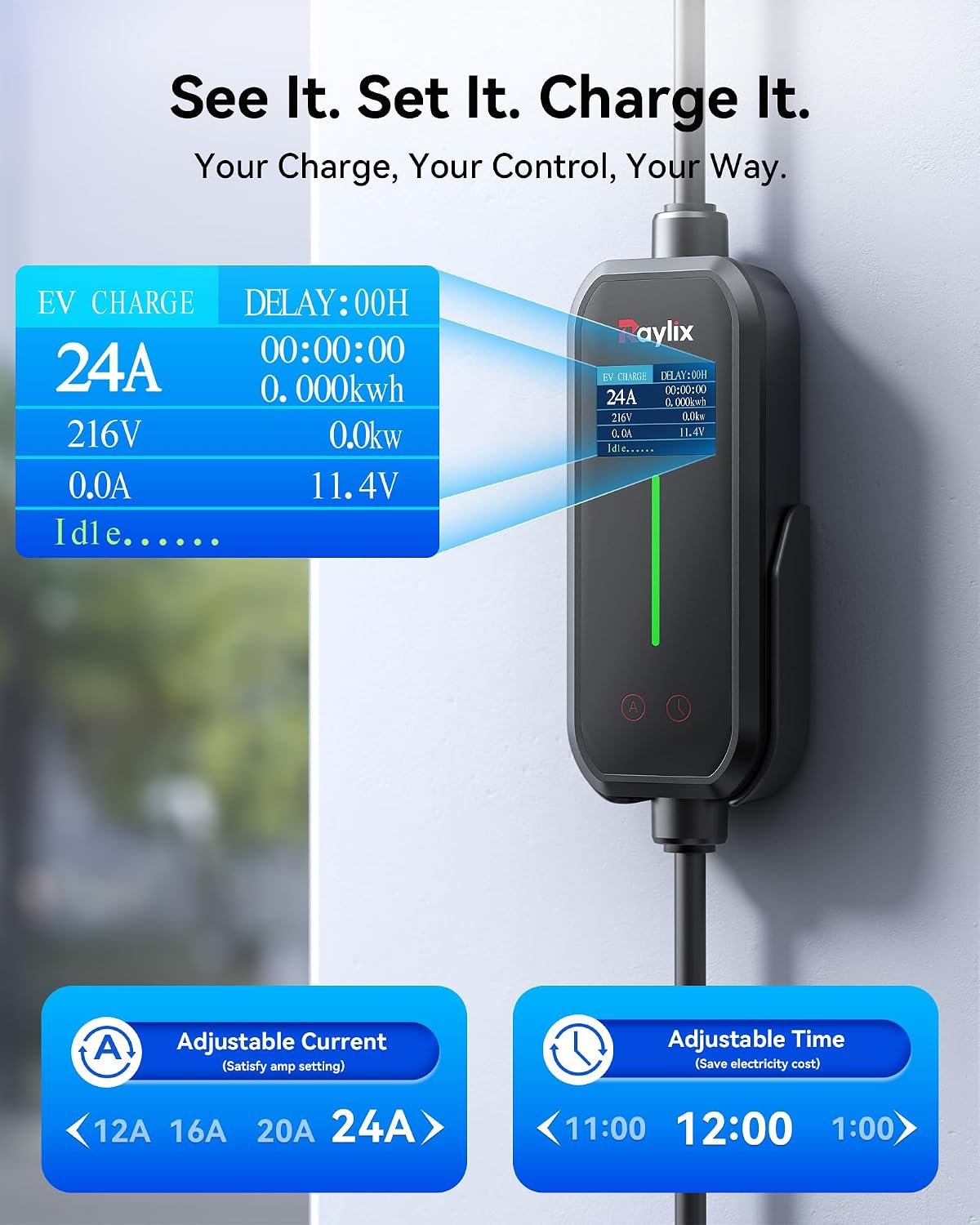 Raylix Upgraded Level 2 Fast EV Charger, 24A Dual Outlet Compatibility/Adjustable Current/Timer, NEMA 14-30 Dryer Outlet & 14-50 Plug, 21FT EV Charging Cable, J1772 Connector for SEA J1772 EVs/PHEVs - Image 4
