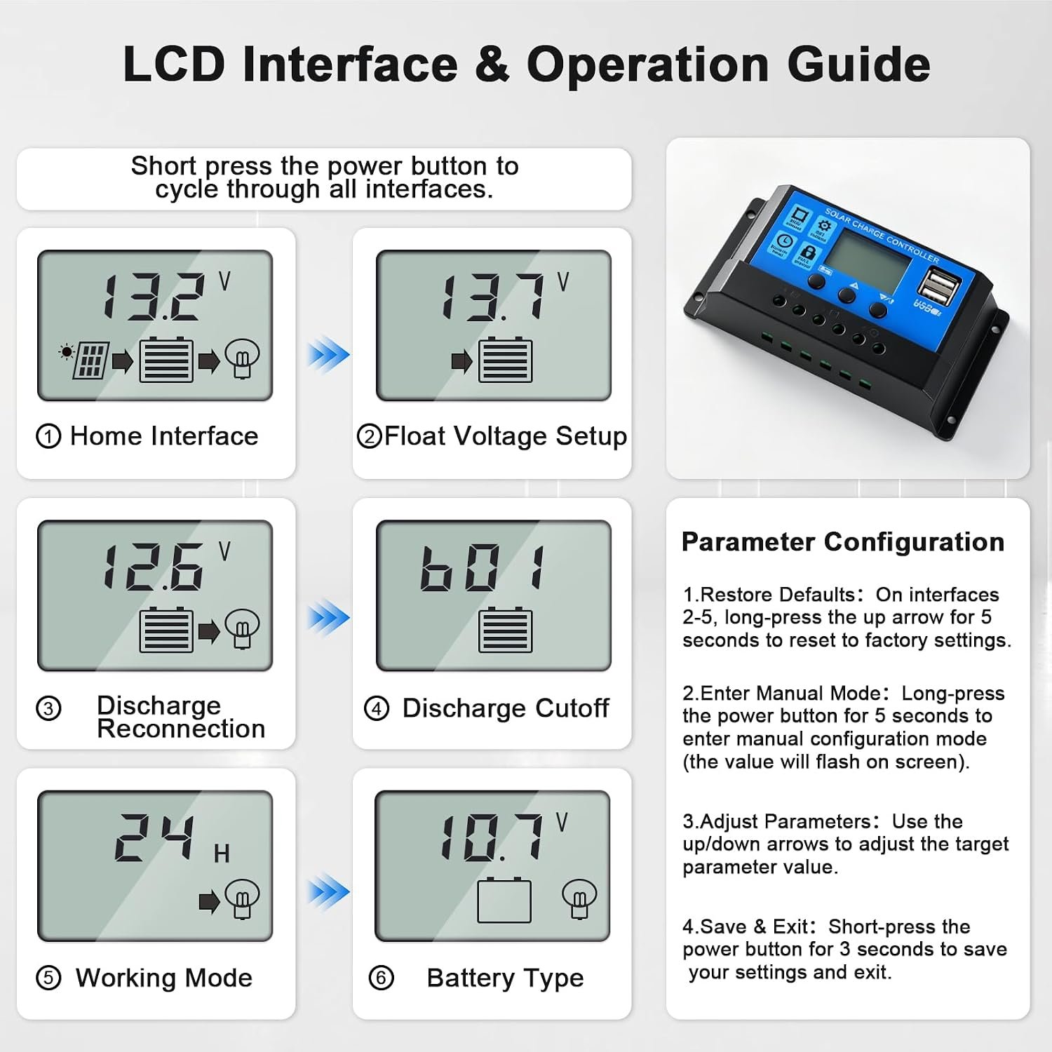 30A 12V/24V PWM Solar Charge Controller LCD Display Dual USB Timer Function | Lead-Acid & Lithium Batteries Solar Panel Charge Regulator Timer Function, for Gate Opener Chicken Coop Garden Light Shed - Image 4