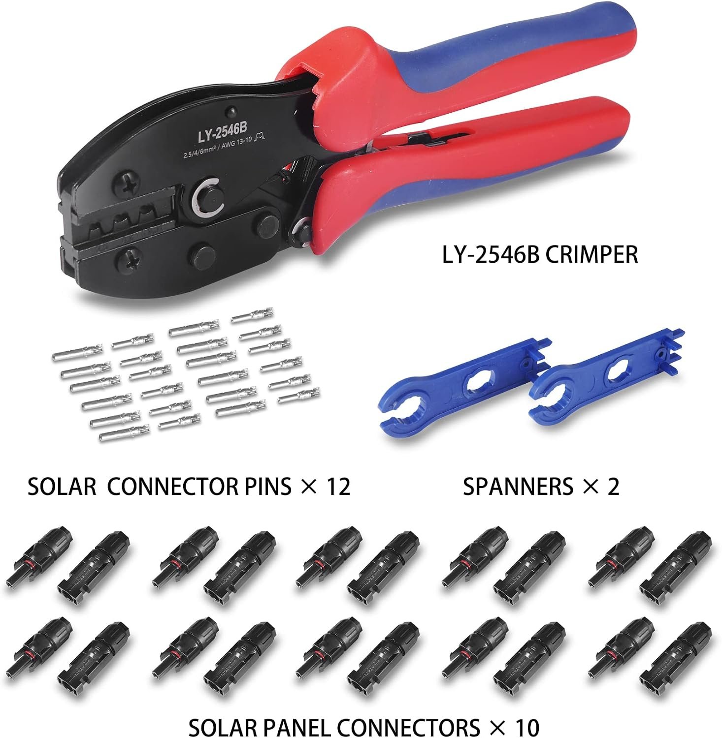 MUYI 47pcs Solar Panel Tools Kits for 13-10AWG Cable (2.5/4/6mm²) | 10 Pair Solar Connectors and 2pcs Spanners Wrench with 1-Piece Wire Crimper Replacement Sets - Image 2