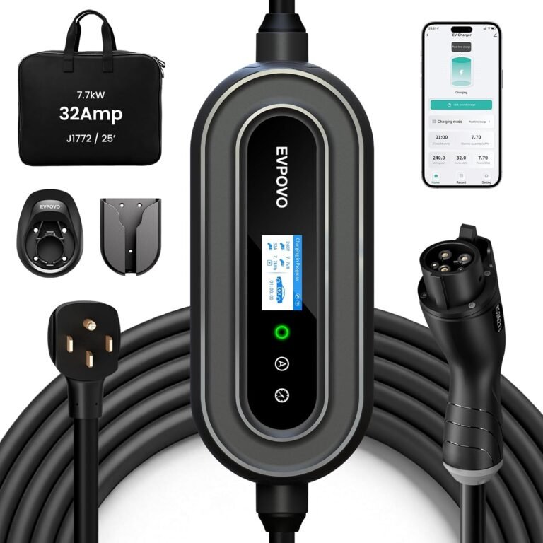 Level 2 EV Charger 32 Amp Portable J1772 NEMA 14-50 7.6kW 25ft Cable | Portable Electric Car Charger, Home EV Charger Level 2, WiFi App, Adjustable 16/20/24/32A, ETL Listed, IP66 Weatherproof