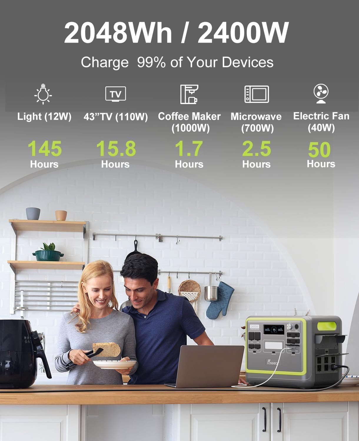 FOSSIBOT F2400 Portable Power Station, 2048Wh LiFePO4 Solar Generator, 2400W (4800W Surge) AC Output, 1100W Adjustable Fast Charging, 15ms UPS Battery Backup for Home Use, Power Outage, RV, Off-Grid - Image 6