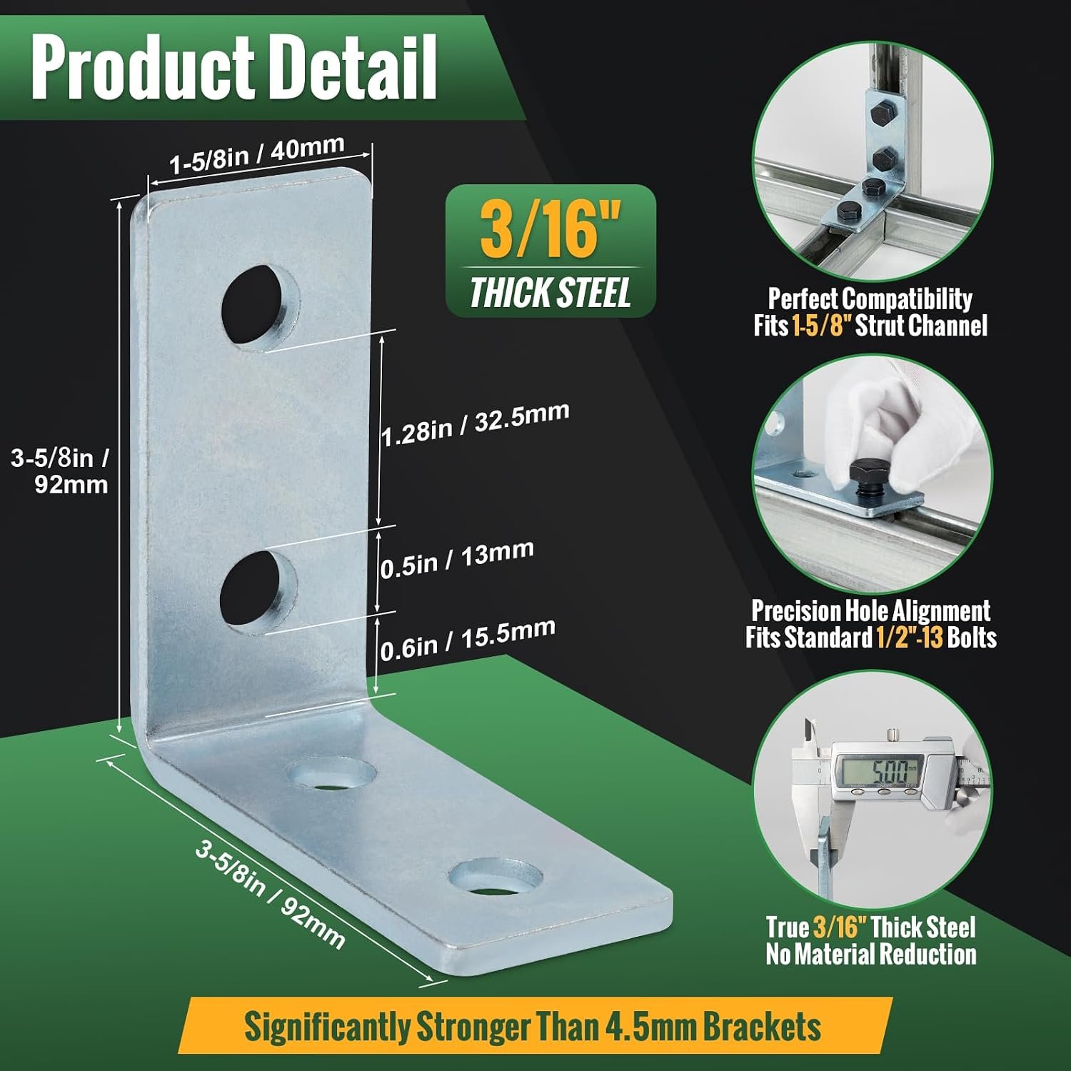 10 Pack 4-Hole L Bracket, Strut Channel Accessories & Fittings, 90° Angle for 1-5/8” Strut Channel, 3/16” Thick, Fits 1/2” Bolts, Heavy Duty Galvanized Steel Strut Hardware for Solar, HVAC & Framing - Image 2