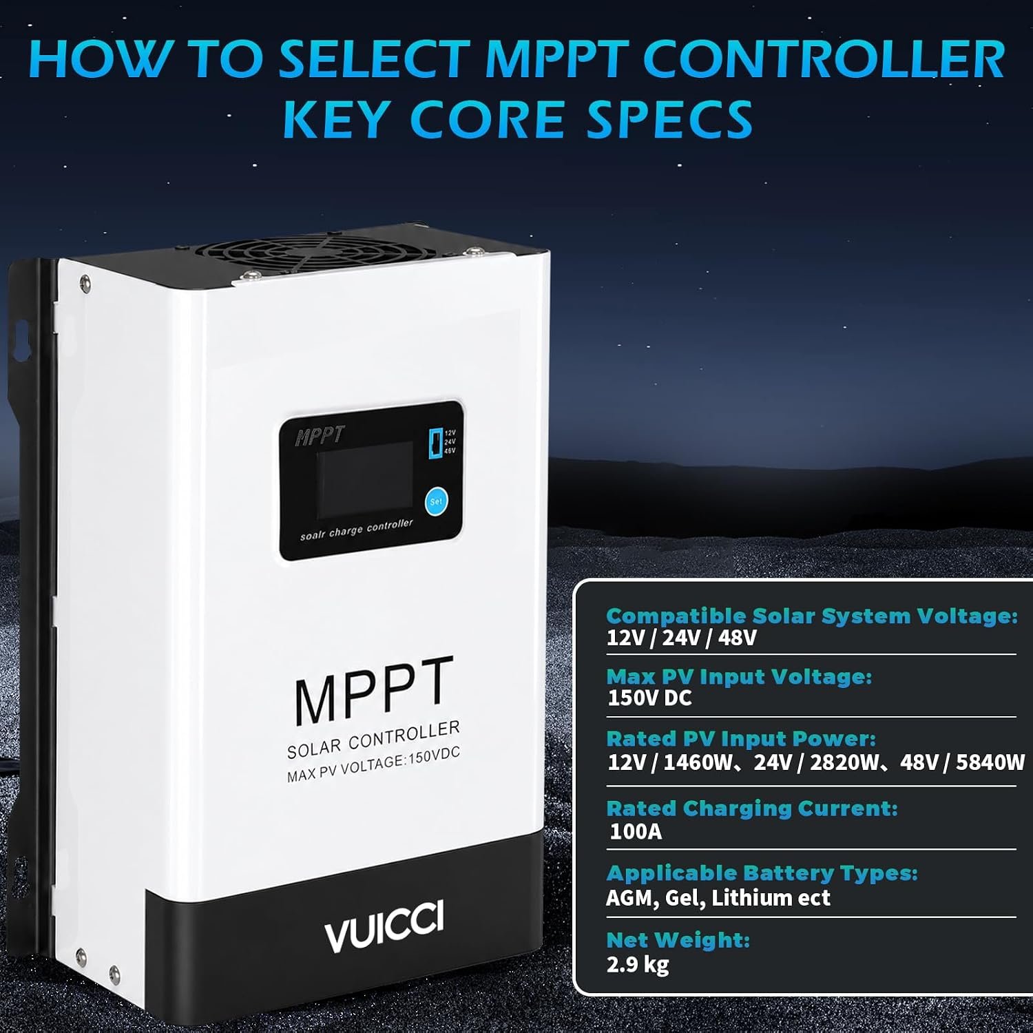 100A MPPT Solar Charge Controller 12V/24V/48V, Solar Panel Charge Controller with 145V Max PV Input, LCD Display for Lithium, AGM, Gel & Lead Acid Batteries, RV, Boat, Off Grid - Image 5