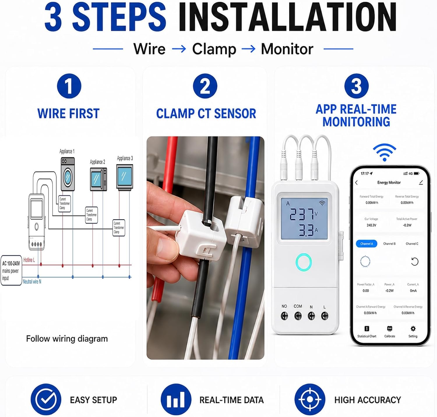 WiFi Home Energy Monitor with 3 80A CT Clamps, Circuit-Level Monitoring, Real-Time Electricity Usage Monitor, Smart Life/Tuya App, Voltage Current Power Tracking for Home, Solar, HVAC, Water Heater - Image 7