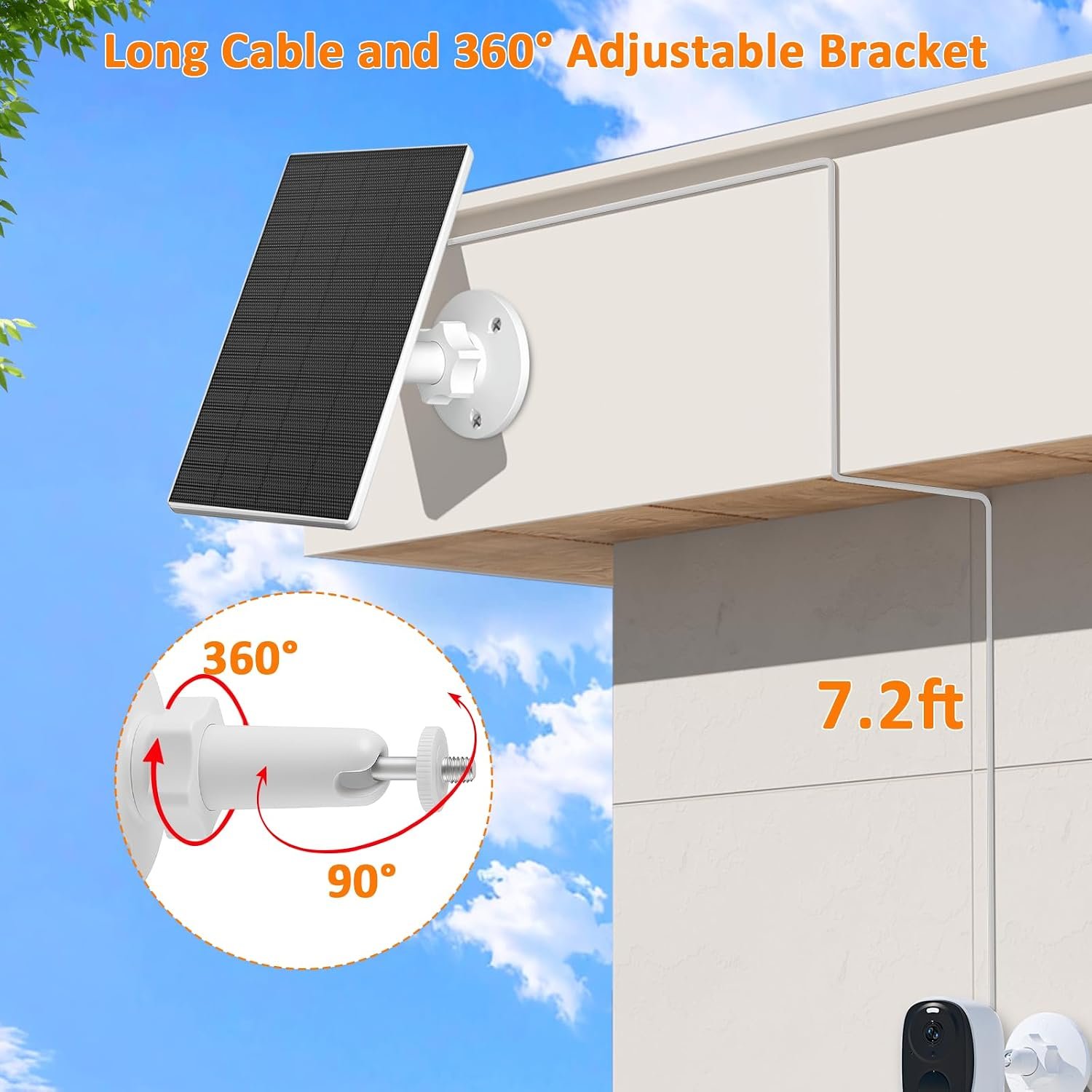 Zivif 2W Camera Security Solar Panel with USB and USB-C Port, 2 Pack, White | Solar Charger Compatible with 5V Rechargeable Battery Camera, 360° Adjustable Mount, 7.2ft Cable, White - Image 4