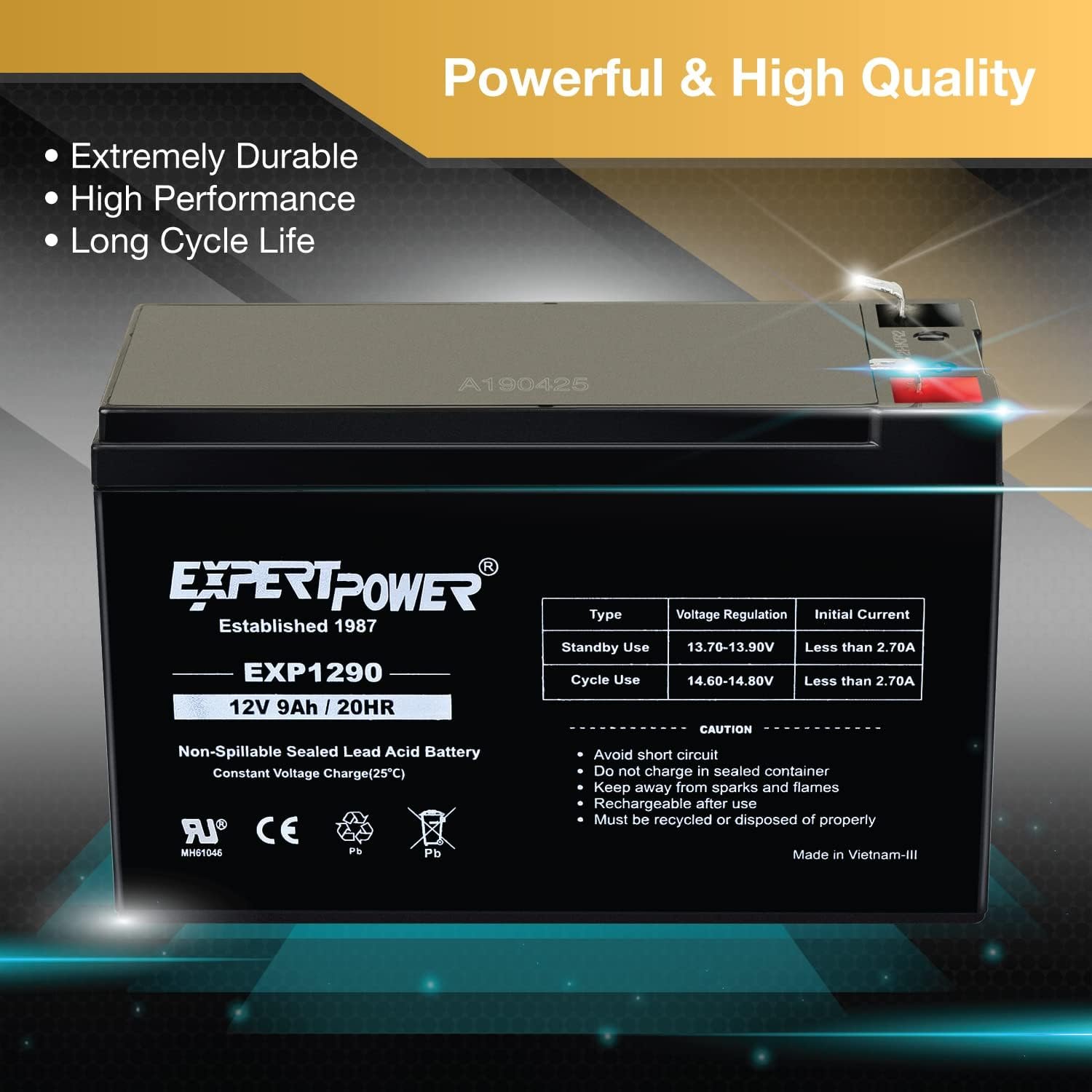 ExpertPower EXP1290, 2 Pack 12V 9AH SLA AGM Rechargeable 12V Battery Backup | 12 Volt Batteries for Alarm, Speaker, Ride on Toys, APC Backup UPS Battery Replacement, Replaces UB1290, F2 Terminals - Image 4