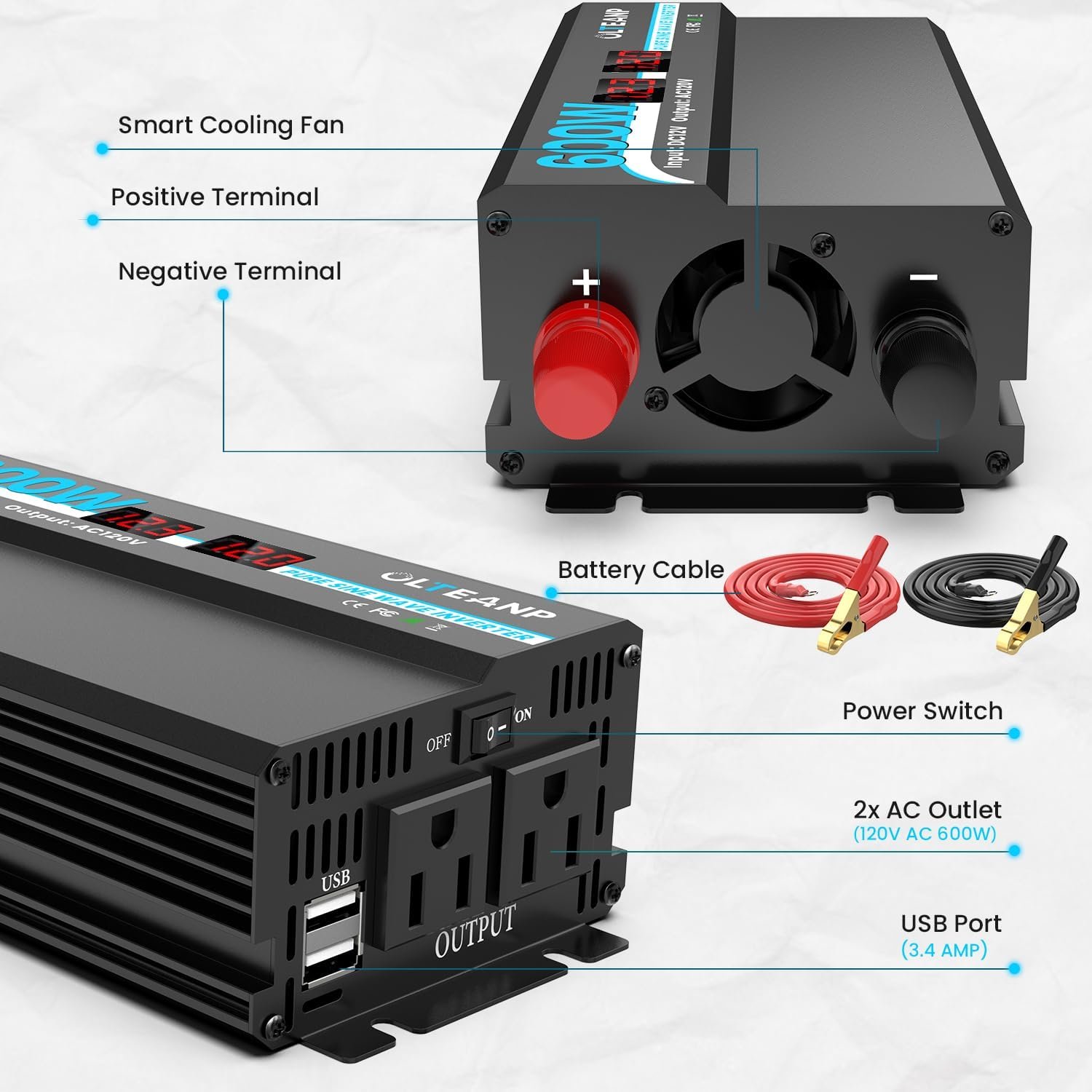 600W Pure Sine Wave Inverter 12V DC to 120V AC Converter for RV, Camping | 1200W Peak,2 AC Outlets, Dual 3.4A USB Ports,LCD Display, Power Converter for Car, Truck, Vehicles, Laptop,Van Life, Outdoor - Image 7