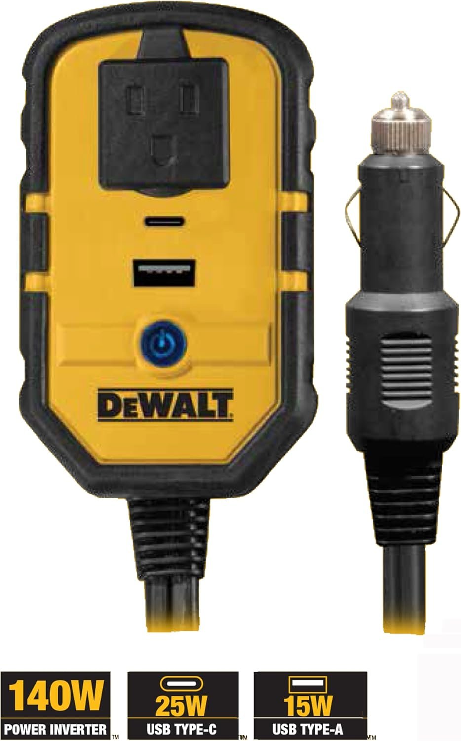 DEWALT DXAEPI140 Power Inverter for Vehicles | 140-Watts of Household Power, 25W USB Type C, 15W USB Type A - Image 3