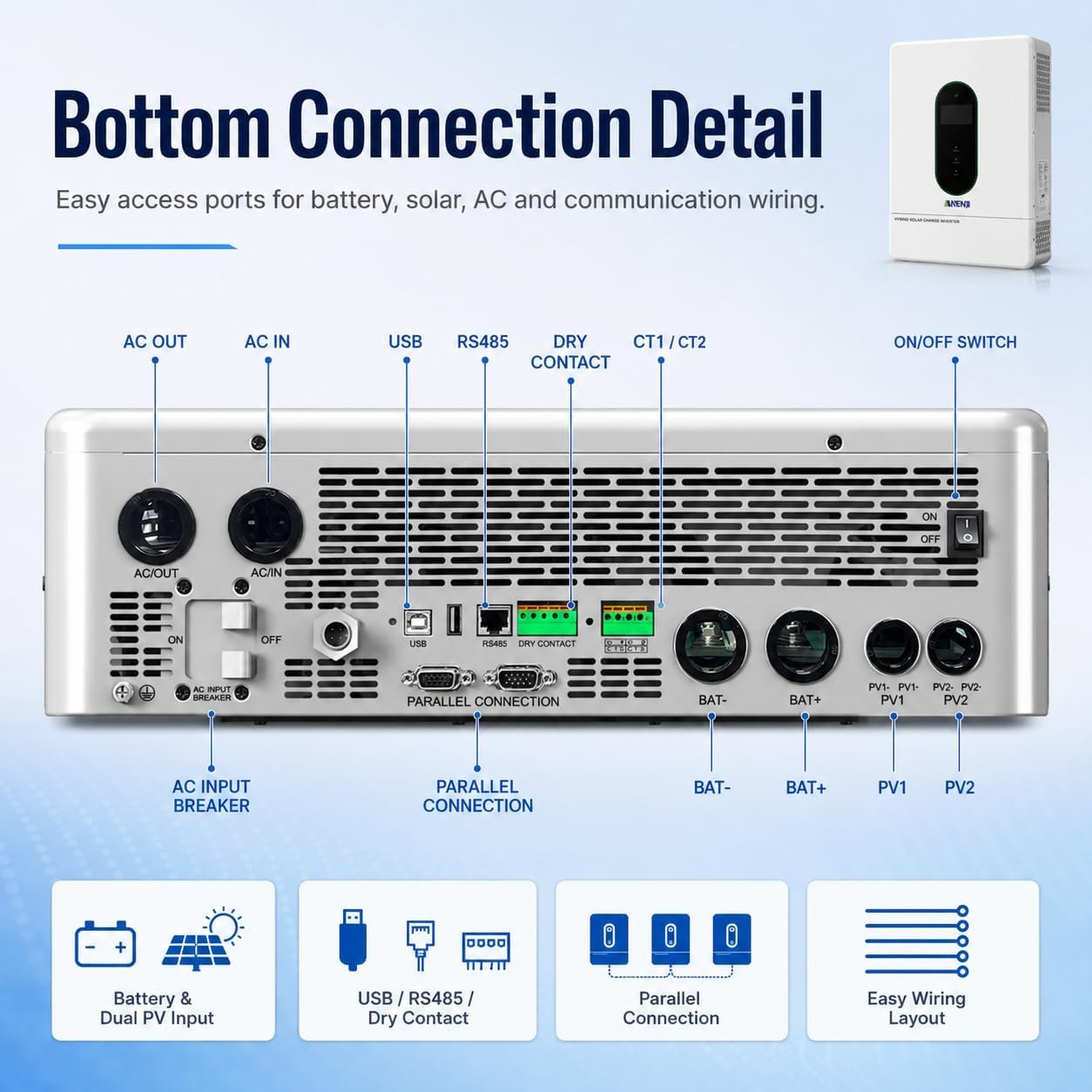 12000W Hybrid Solar Inverter 48V Split Phase 120V/240V, Dual MPPT 500V Input, Pure Sine Wave Off Grid Inverter Charger with WiFi & BMS Support, Parallel up to 6 Units-UL Certification - Image 9