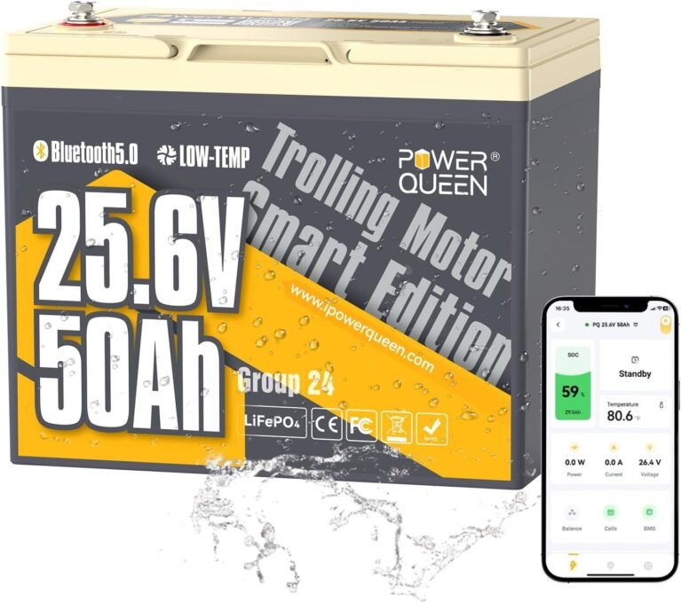 Power Queen 24V 50Ah LiFePO4 Battery with Bluetooth 5.0 Remote Control | Group 24, Low-temperature Protection, 1280Wh Energy, Deep Cycle Lithiumn Battery for 24V Trolling Motor Up To 100 lbs