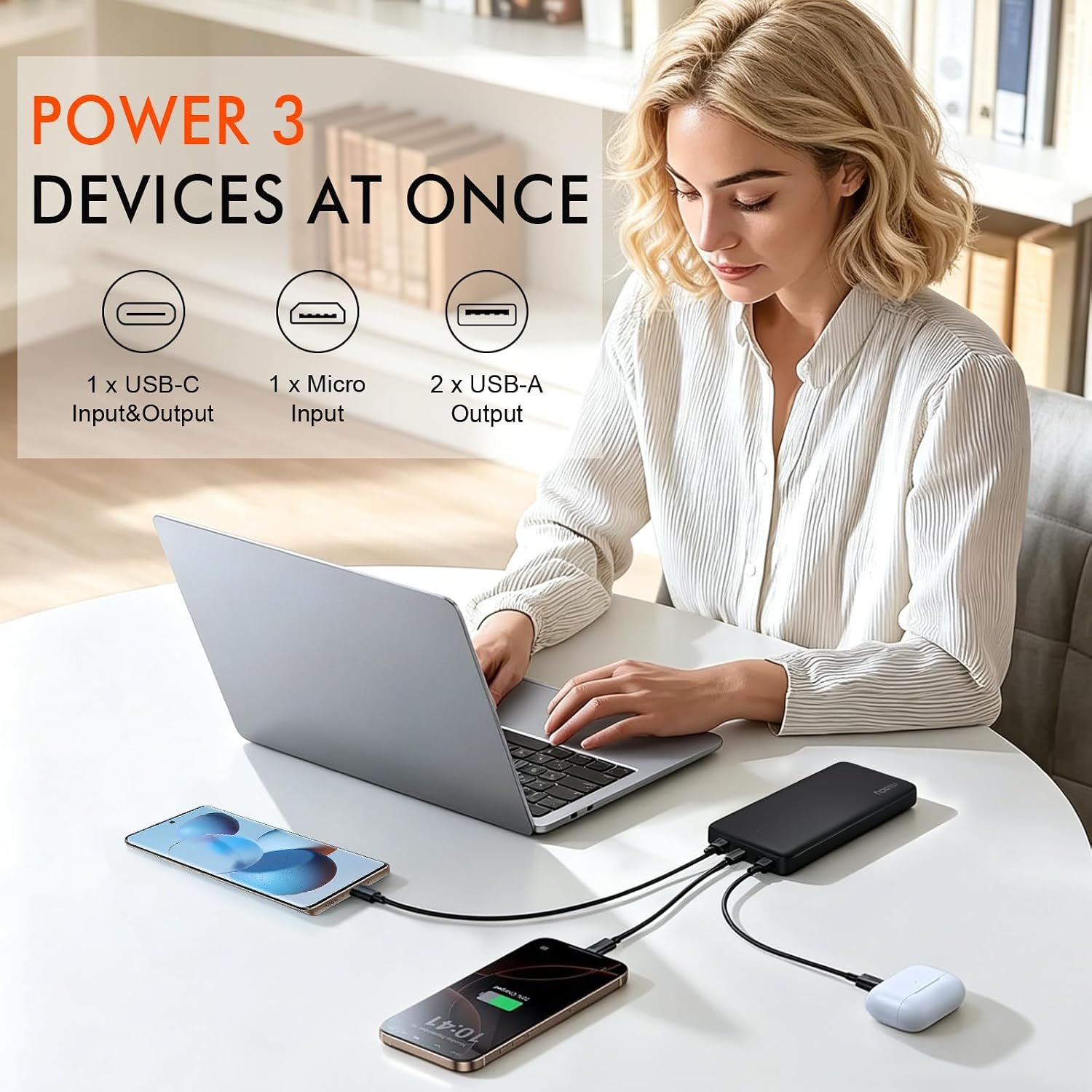 Miady 2-Pack Portable Charger 10000mAh Power Bank 22.5W Travel Battery Pack | 37Wh丨Fast Charging丨3 Outputs 2 Inputs丨Slim丨Compatible with iPhone 17 Galaxy S24 Android Tablets etc丨Flight-Safe丨Black+White - Image 5