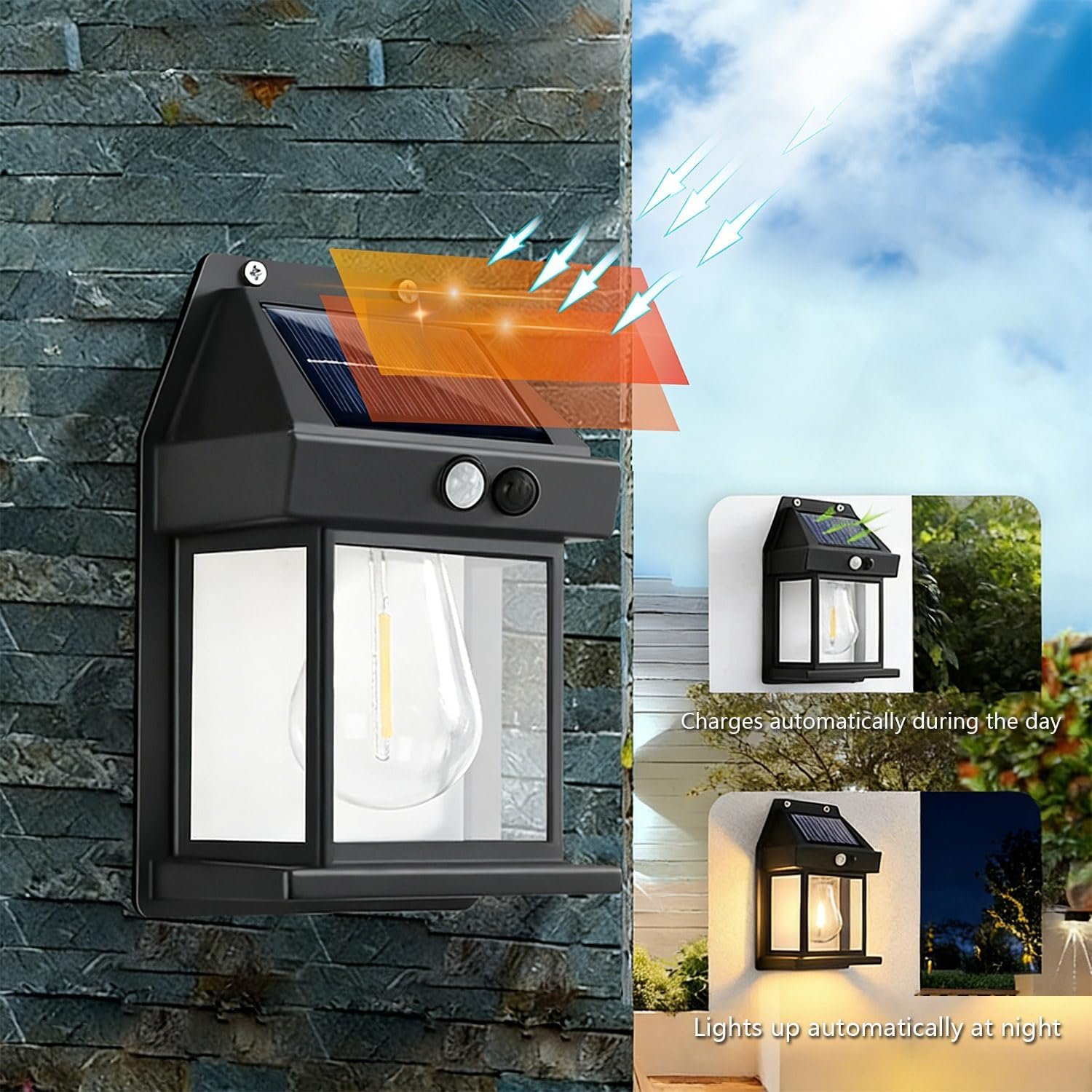 4 Pack Solar Wall Lights Outdoor with Motion Sensor, Vintage Solar Wall Lanterns, Dusk to Dawn IP65 Waterproof Solar Lights for Porch Patio Garage Fence Yard Garden (4, Black) - Image 2