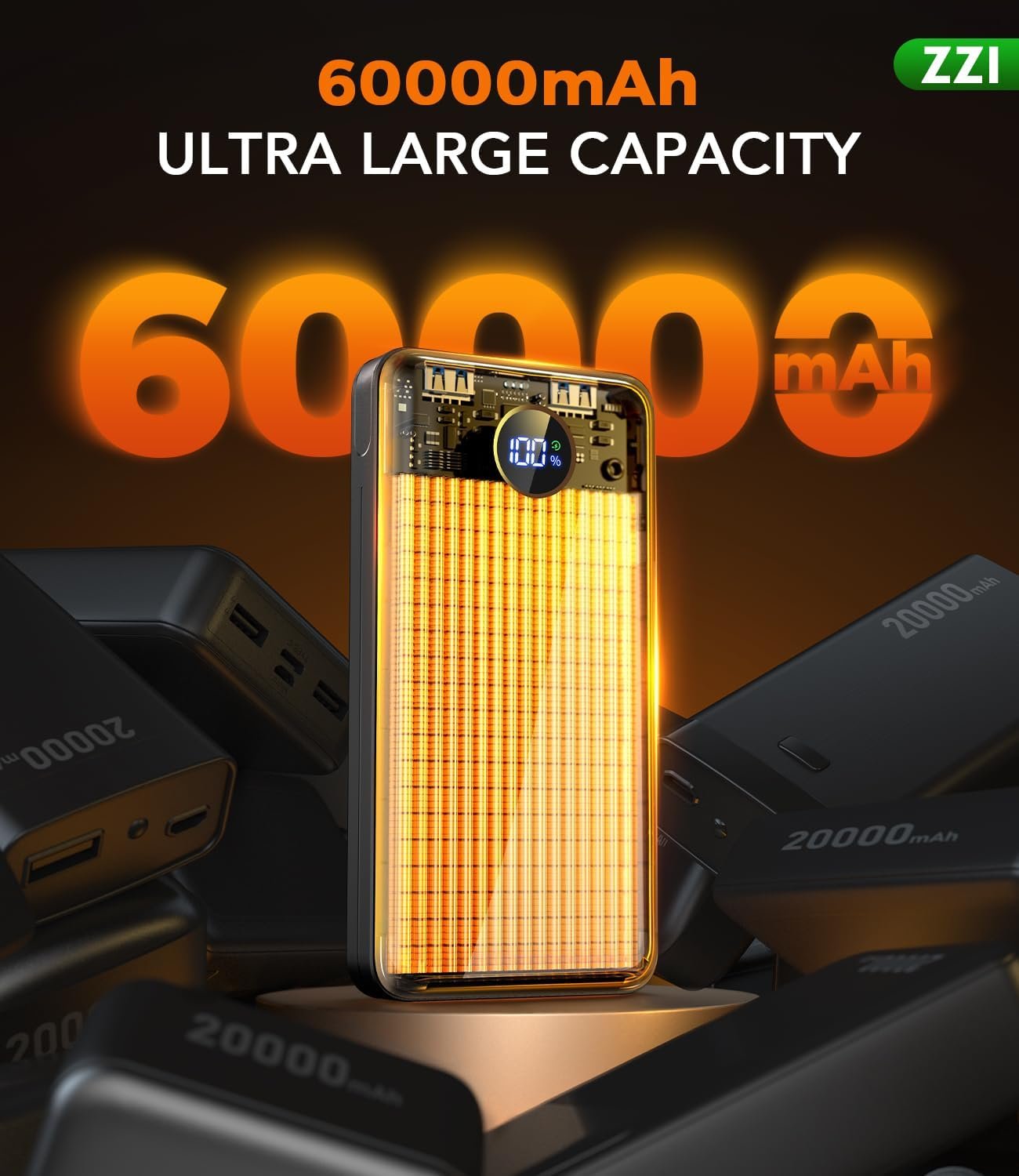 ZZI Portable Charger Power Bank 60000mAh, 22.5W PD Fast-Charge Battery Pack | Charge 5 Devices, 3-Ports & 3 in 1 Cable, 60% in 30min, 10 times for iPhone, Fit All Cell Phone/Tablets,Camping/Travel/Outage - Image 2