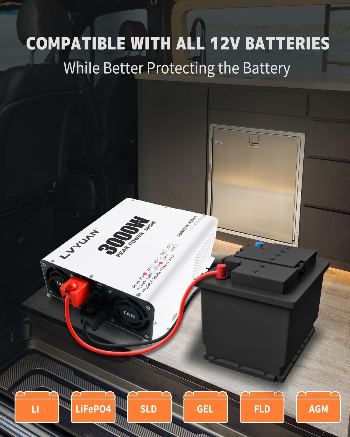 LVYUAN 3000 Watt Power Inverter 12V to 110V 120V DC to AC Converter for Home RV Vehicle Outdoor Camping Car Power Inverter with 4 AC Outlets, LCD Display, USB Charge Port, Remote Control - Image 5