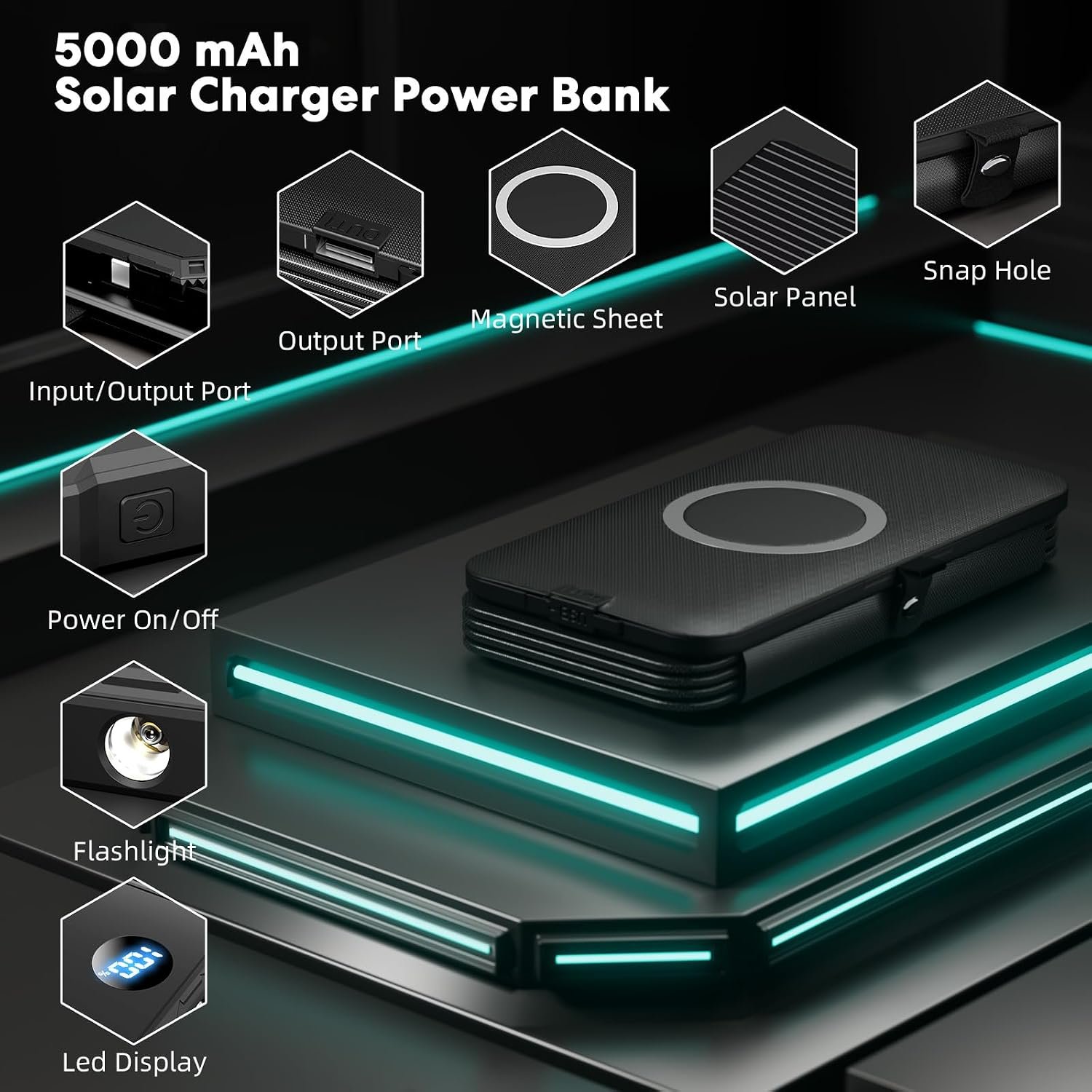 YELOMIN Solar Charger Power Bank 5000mAh with 4 Foldable Panels & 2 Built-in Cables, Wireless Portable Charger, Outdoor External Battery Pack with USB-C in/Output & SOS Flashlight for Camping Hiking - Image 4