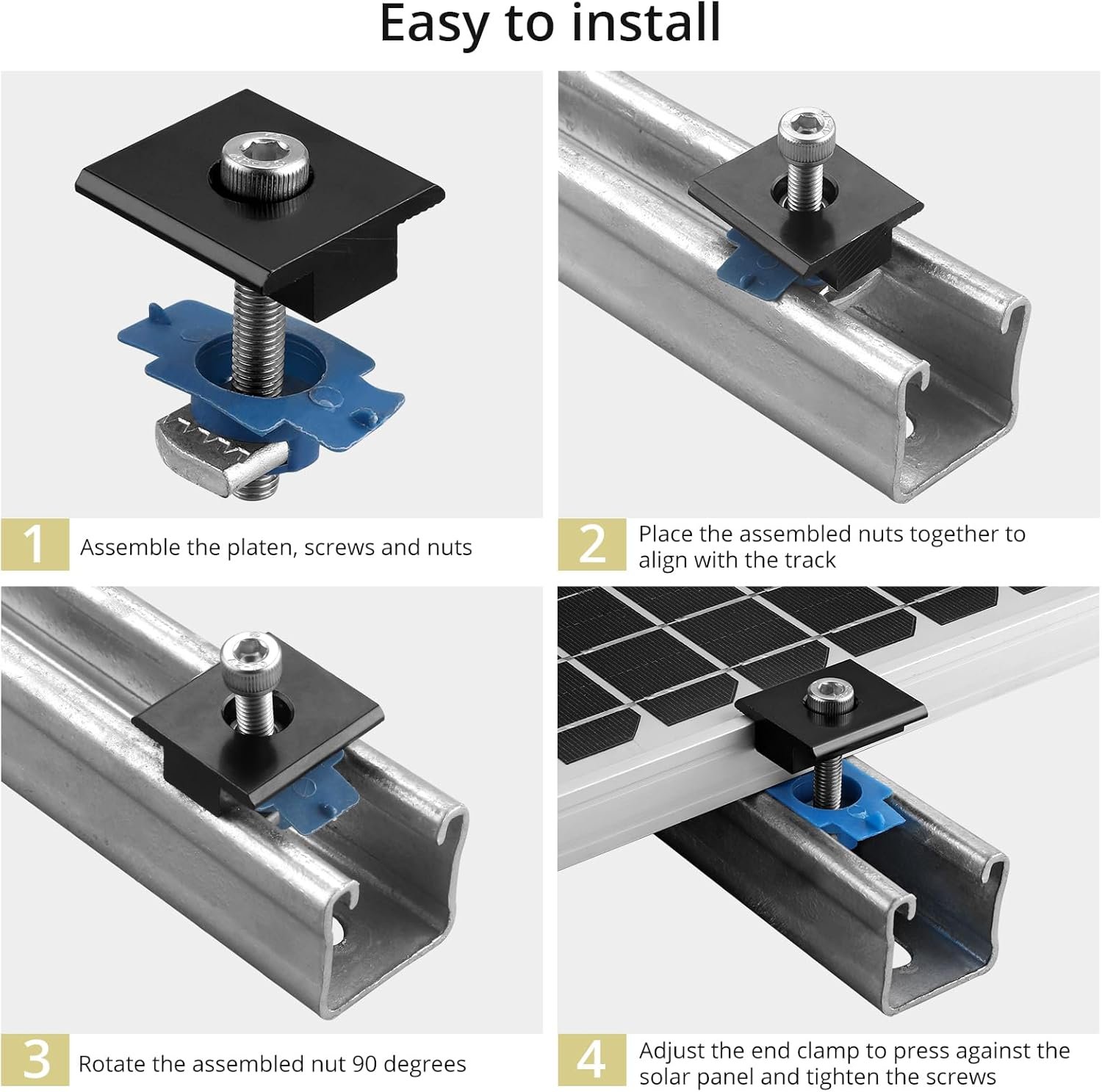 Anbte 20pcs Solar Panels Mid Clamps for Unistrut, 30mm/35mm, Black | Aluminium Solar Panel Brackets, Solar Panel Mounting Kit for Metal Roof, Tin Roof, Flat Roof, Sheet Roof, RV, Black - Image 4