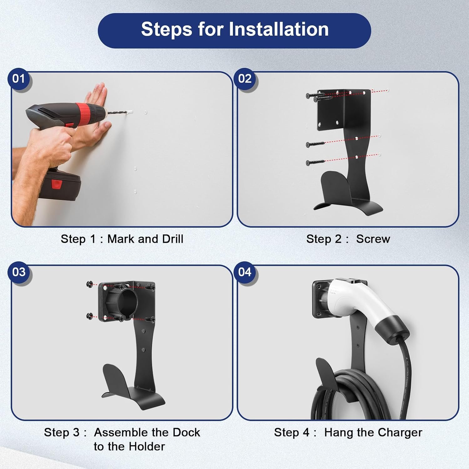 J1772 EV Charger Holder Wall Mount, Flush-Mount EV Cable Organizer | Space-Saving Low-Profile Design Prevents Protrusion Collisions, Arc-Shaped Edges Prevent Cable Damage, Indoor & Outdoor Use - Image 8