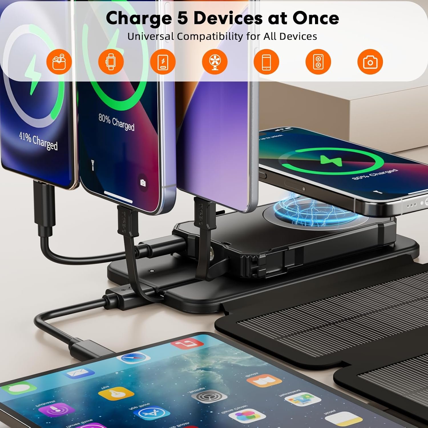 YELOMIN Solar Charger Power Bank 5000mAh with 4 Foldable Panels & 2 Built-in Cables, Wireless Portable Charger, Outdoor External Battery Pack with USB-C in/Output & SOS Flashlight for Camping Hiking - Image 3