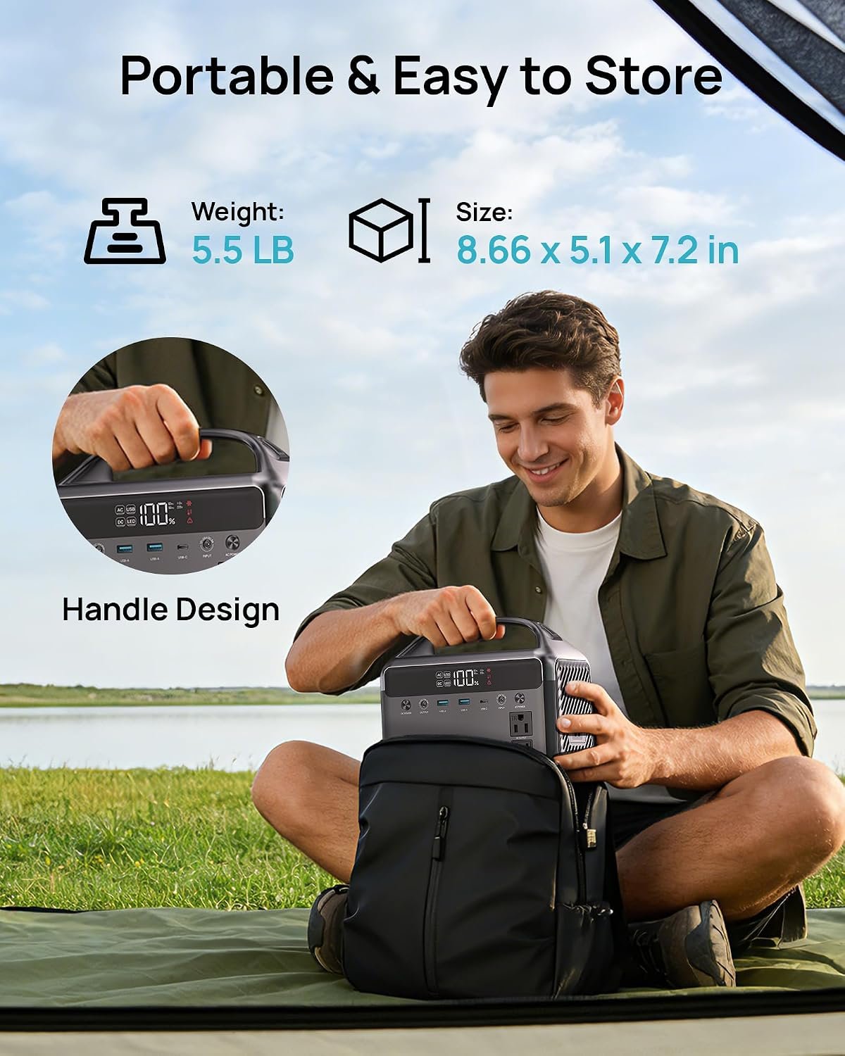 Portable Power Station 192Wh(60,000mAh) with Bag, 300W (600W surge) Power Bank LiFePO4 Battery Backup, Compact Solar Generator 6-Port Design w/2 AC Outlets for Home,RV, Hurricane, Camping,Emergency - Image 3