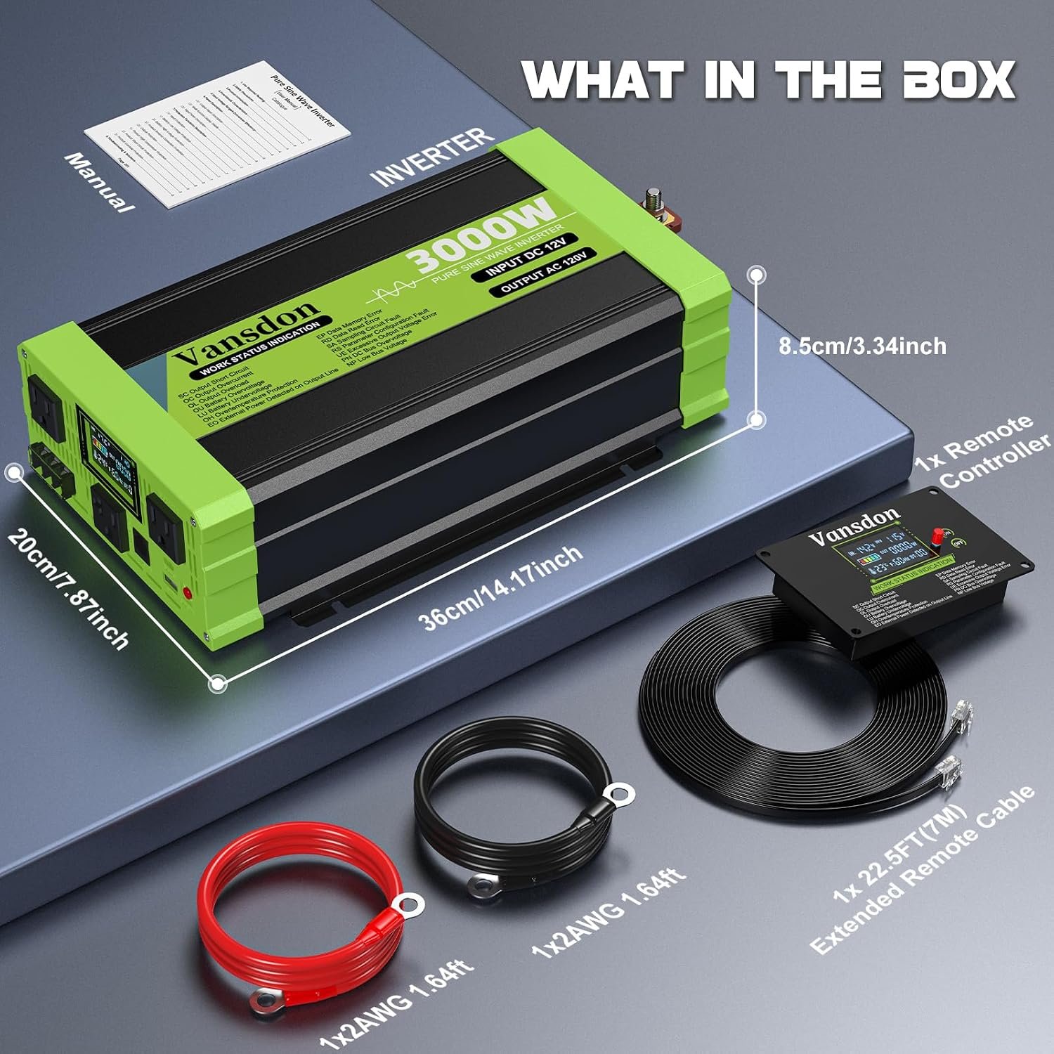Vansdon 3000W Pure Sine Wave Inverter 12V DC to 120V AC Power Inverters for RV,Truck, Solar, Home, Off-Grid, Car with LCD Display, 3 AC Outlet, 30W USB-C, 5V 2.1A USB,Remote Control, Surge 6000W - Image 10