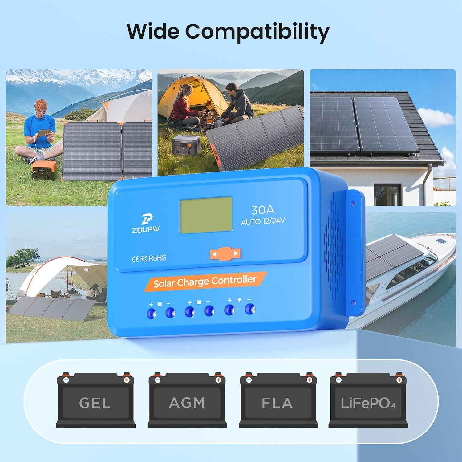 ZOUPW 30A PWM Solar Charge Controller,12V 24V Solar Panel Regulator with Adjustable LCD Display Dual USB for Flooded Sealed AGM Gel and Lithium LiFePO₄ Batteries - Image 6