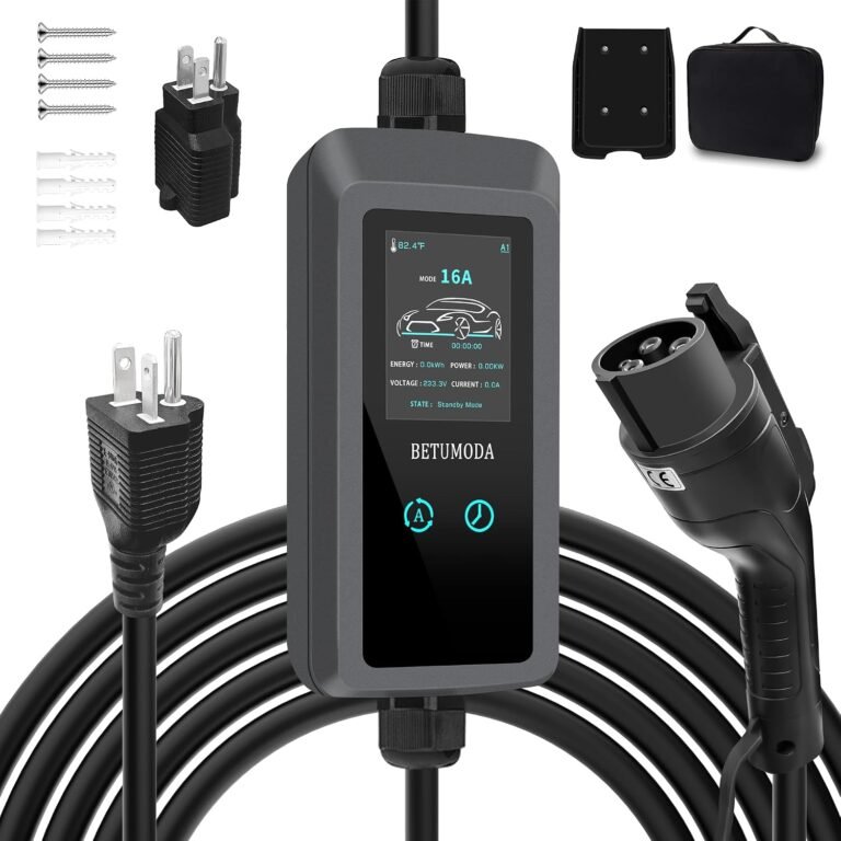 Level 1 EV Charger - 2.8 Inch LED Touch Screen, 25FT, 110V/240V, 16 Amp, and NEMA 6-20 & NEMA 5-15 Plug Adapter - Portable Electric Car Charger for J1772 EVs and Plug-in Hybrid Vehicles