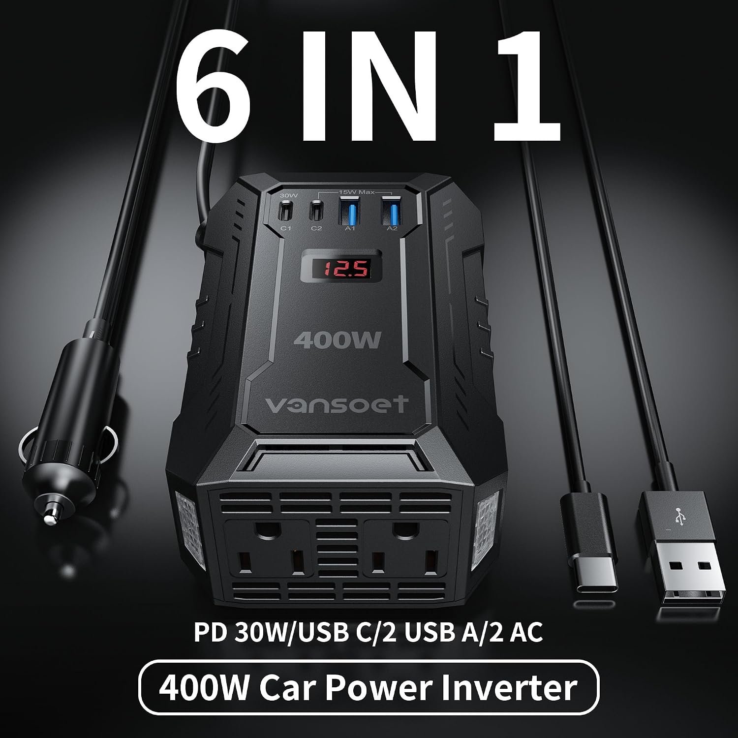 400W Car Power Inverter for Vehicles DC 12V to AC 110V Inverter | PD 30W 15W USB C Ports, 15W USB A/C Ports, Dual AC Outlets, Car Plug Adapter Outlet Converter for Laptop/Road Trip/Camping - Image 2