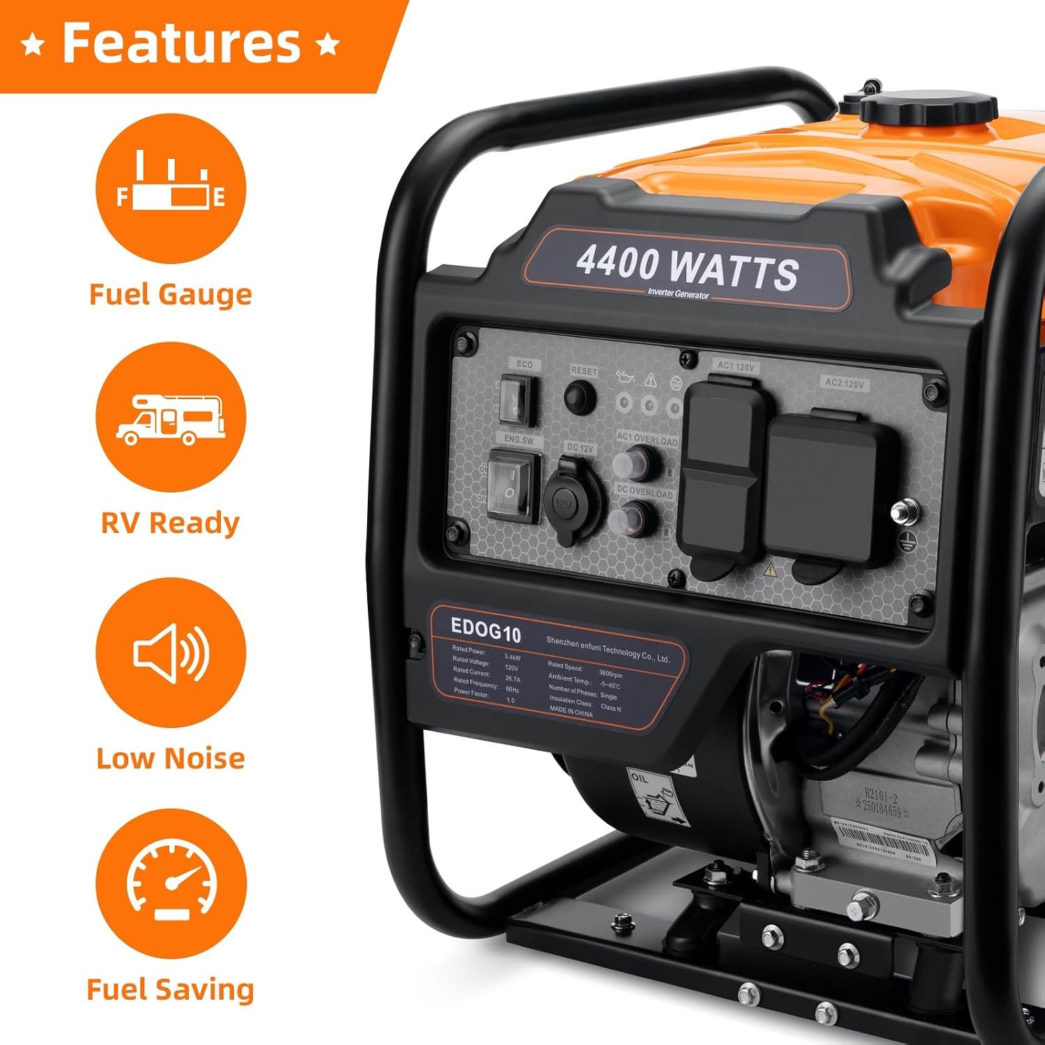 Oxseryn Power Equipment 4400 Watts Inverter Generator Gas Powered, Portable Open Frame Generator, Low Noise with ECO Mode, RV Ready, Emergency Home Backup - Image 4