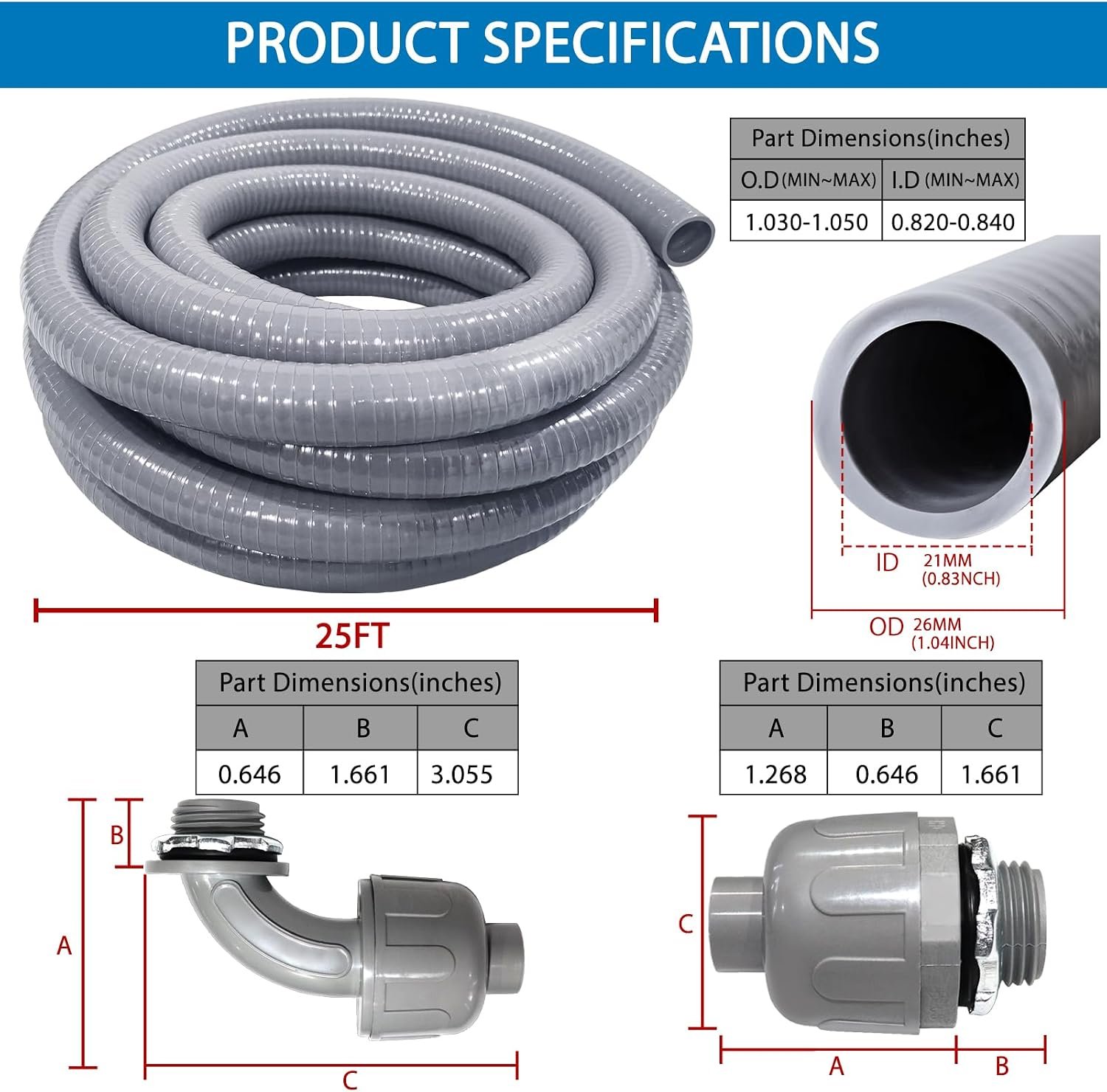 3/4 Inch 25ft Electrical Conduit Kit UL Certification,3/4 Flex Conduit | Flexible Metallic Liquid Tight Electrical Conduit,Flexible Metallic Conduit with 5 Straight,3 90-Degree Connector Fiting - Image 2