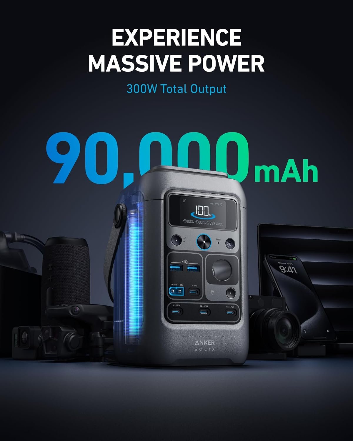 Anker SOLIX C300 DC Portable Power Station, 288Wh, 300W, Outdoor Camping | 288Wh LiFePO4 Battery, 300W Solar Generator for UPS, Travel, and Emergency Use (No Wall Charger Included) - Image 2
