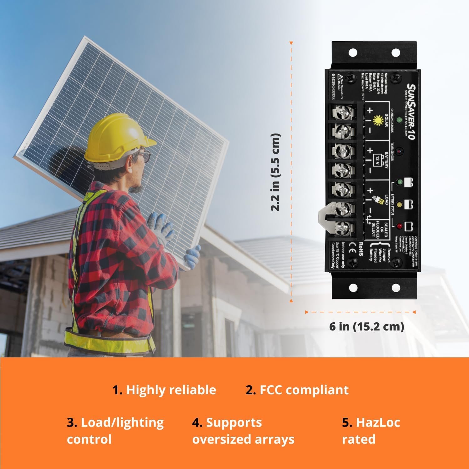Morningstar SunSaver 10A PWM Solar Charge Controller (SS-10-12V) - Solar Panel Regulator for 12V Batteries, Four Stage Battery Charging, HazLoc Rated, Low Noise, 5 Year WTY - Designed in The USA | Four-stage charging, temp compensation, HazLoc rated, load control, reverse polarity protection, 5-year warranty - Image 3