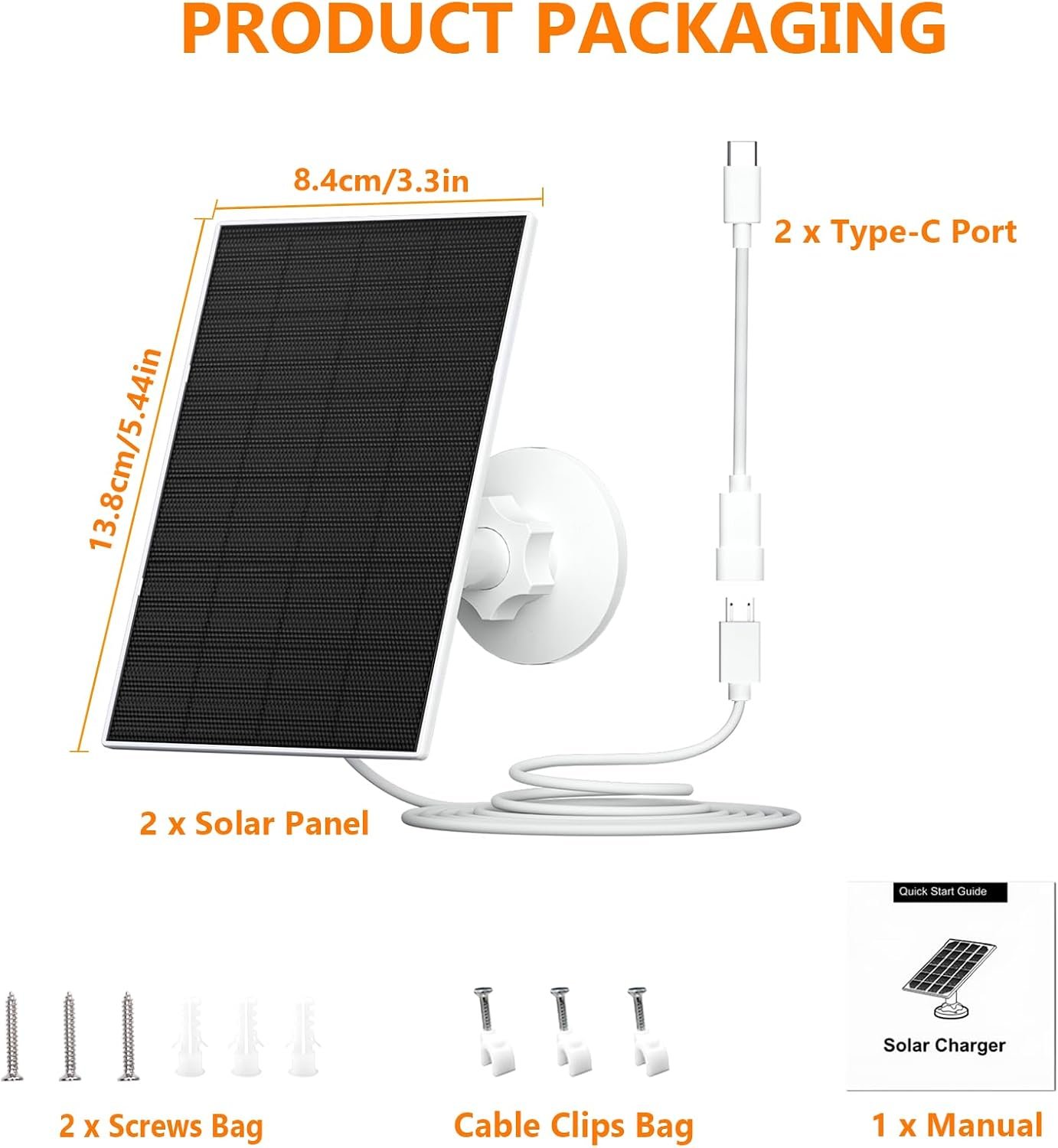 Zivif 2W Camera Security Solar Panel with USB and USB-C Port, 2 Pack, White | Solar Charger Compatible with 5V Rechargeable Battery Camera, 360° Adjustable Mount, 7.2ft Cable, White - Image 7